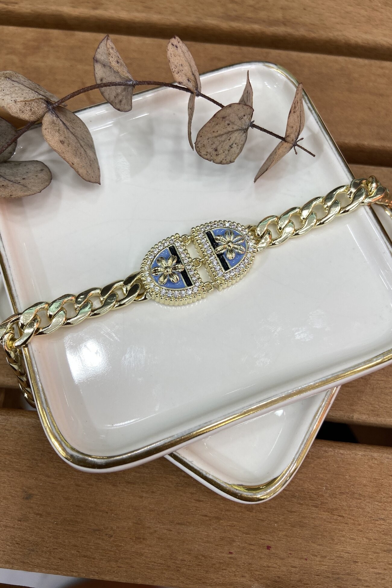 14K Altın Kaplama Mavi Mine Motifli Marka Bileklik 18+5cm