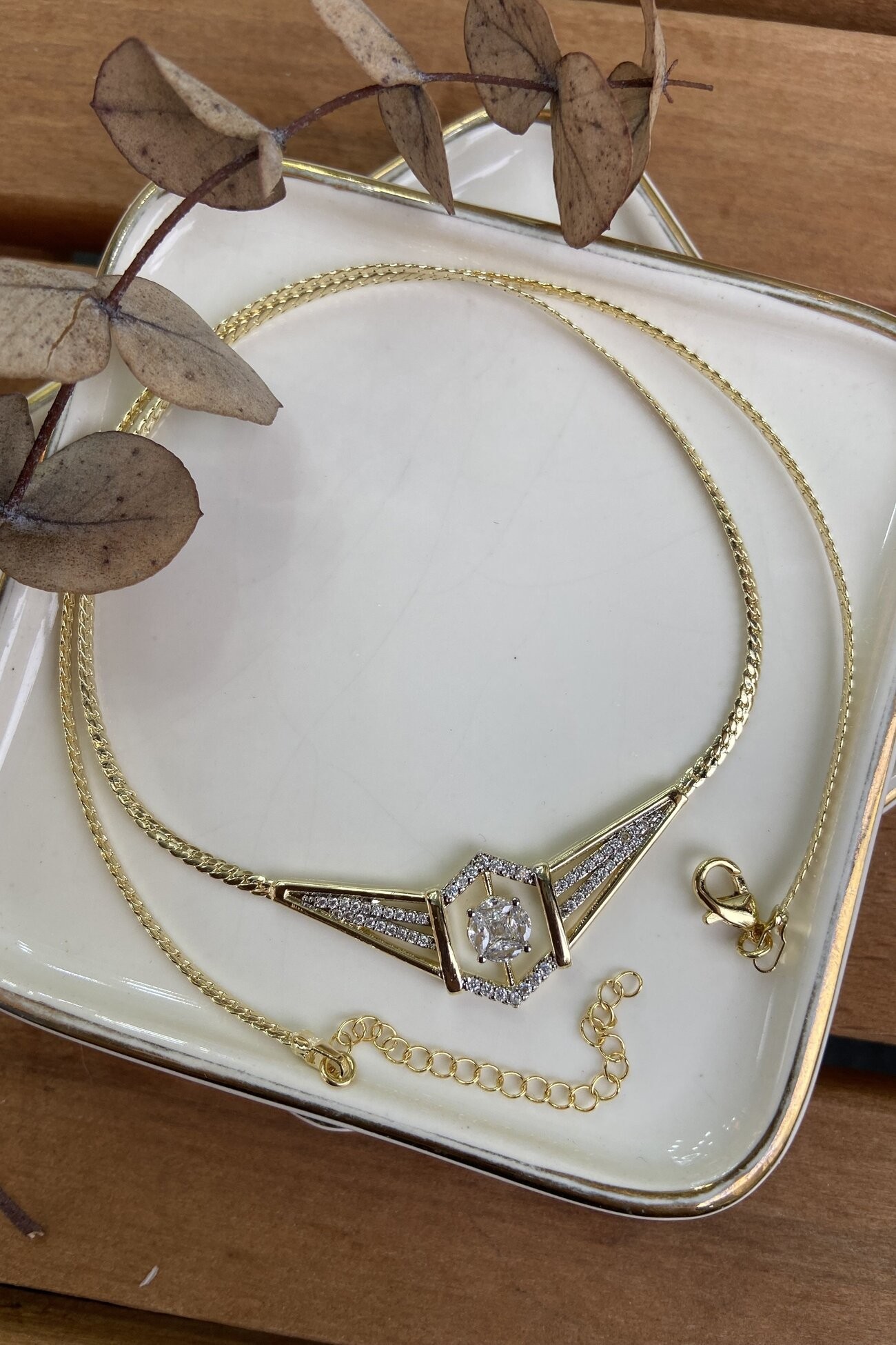 14K Altın Kaplama Geometrik Kesim Şık Kolye 48cm