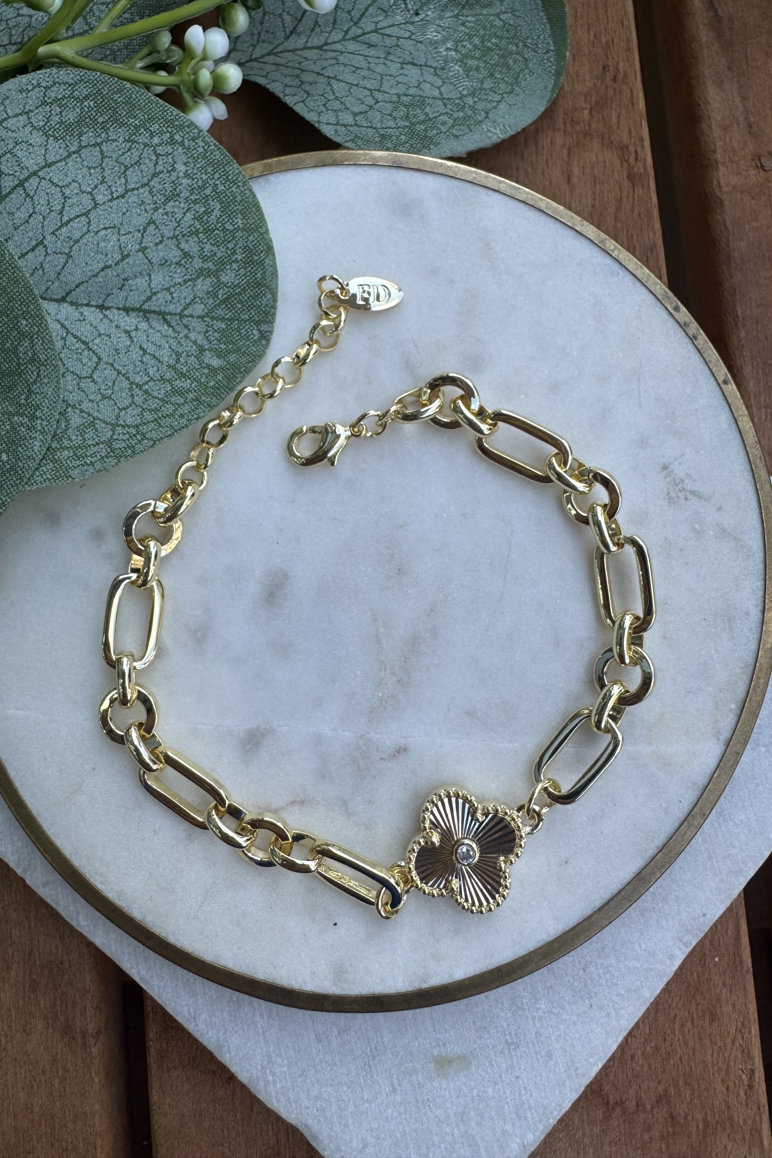 14K Altın Kaplama Ortası Tek Yonca Bileklik 17+4cm