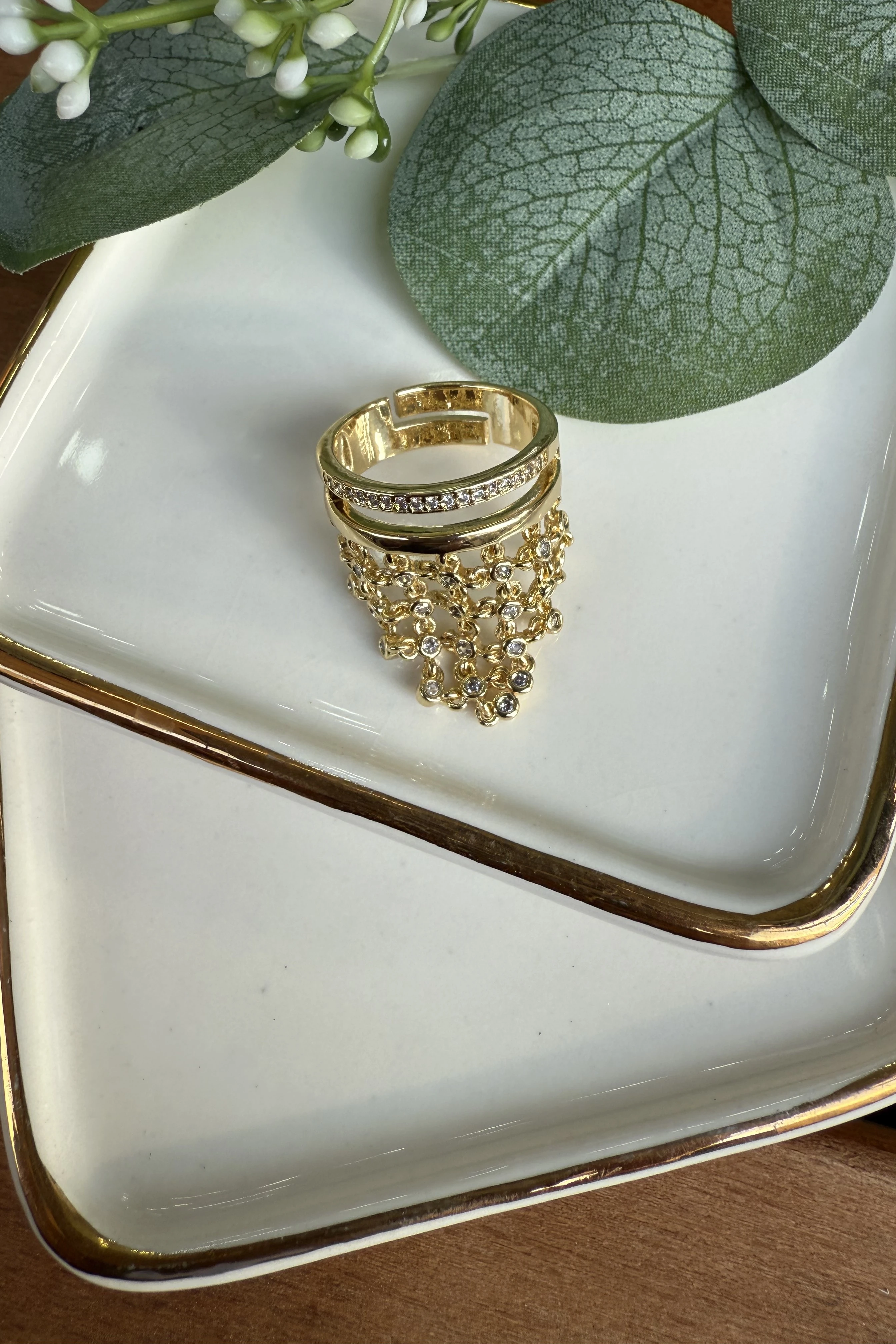 14K Altın Kaplama Sallantılı Yoncalar Yüzük Gold