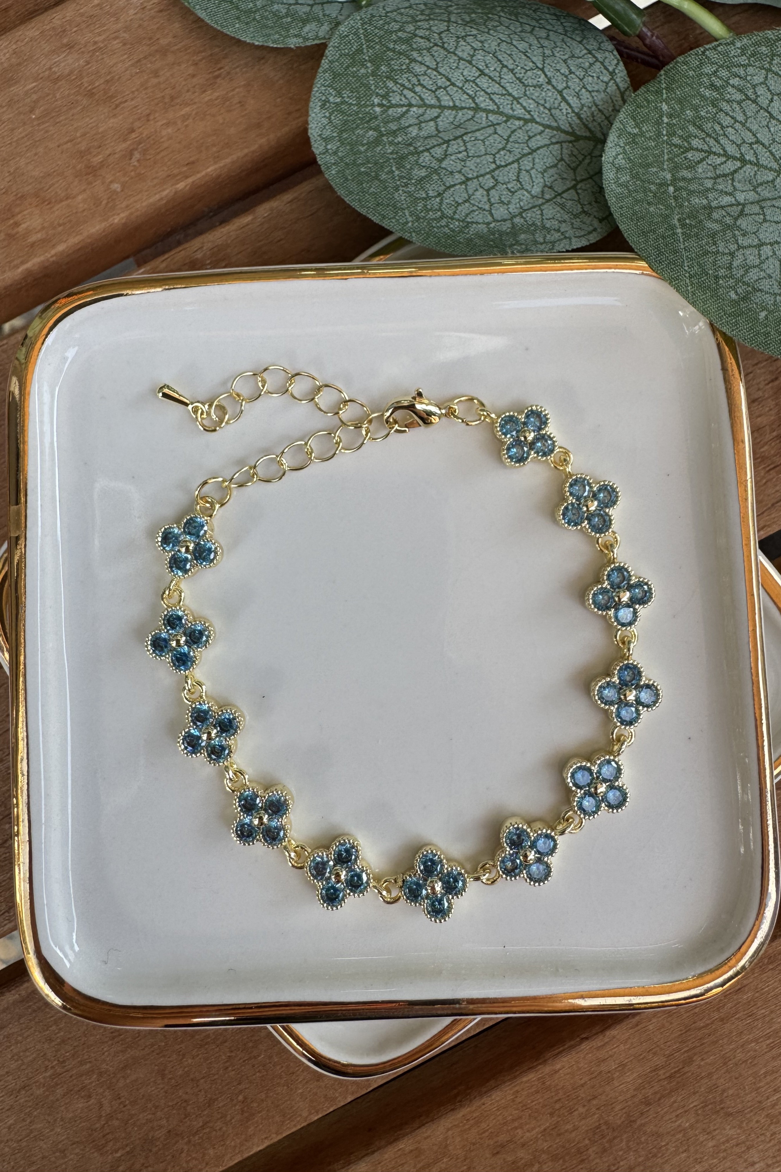 Bronz Turkuaz Taşlı Yonca Bileklik Gold 15+6cm