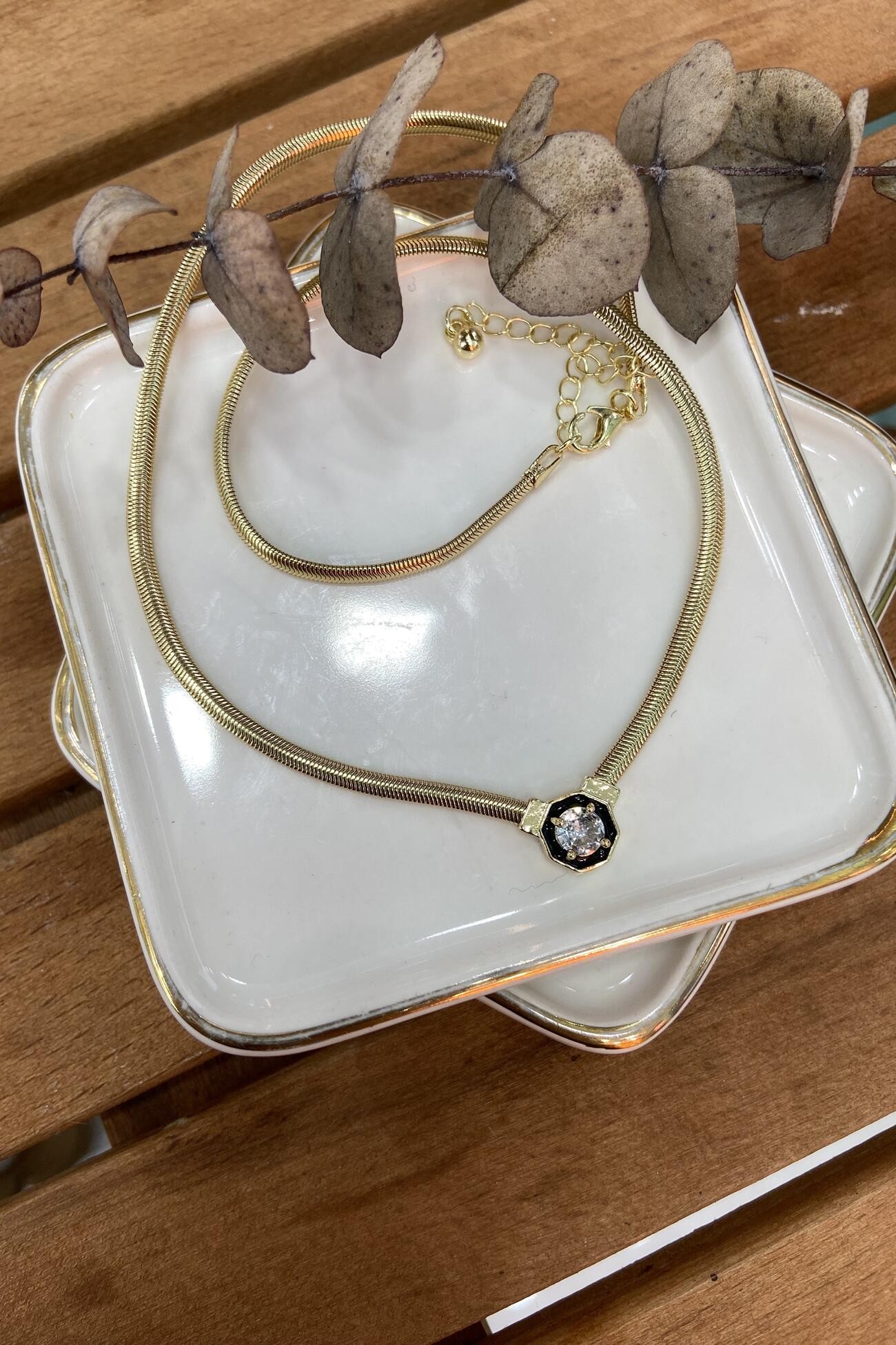 14K Altın Kaplama Siyah Mineli Serenay Kolyesi 46 cm