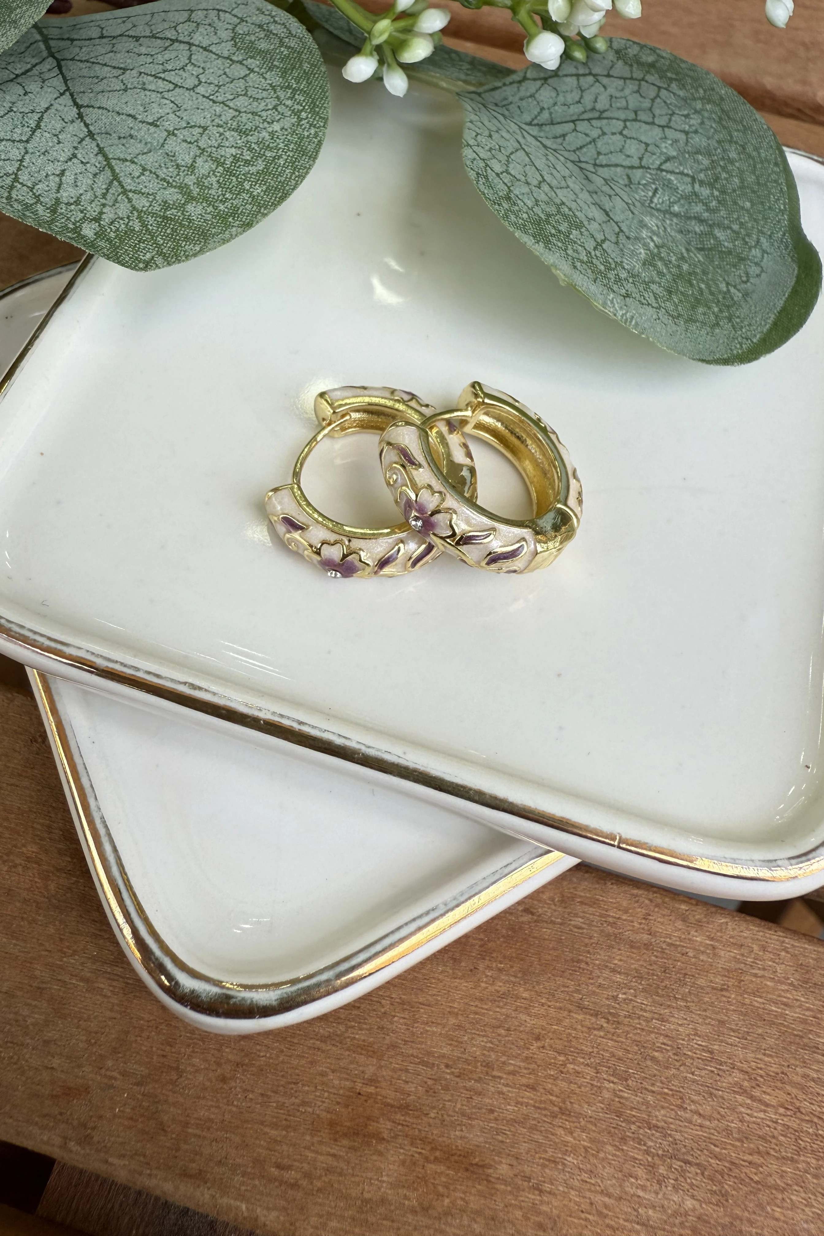 14K Altın Kaplama Mor & Krem Mineli Lisa Küpe