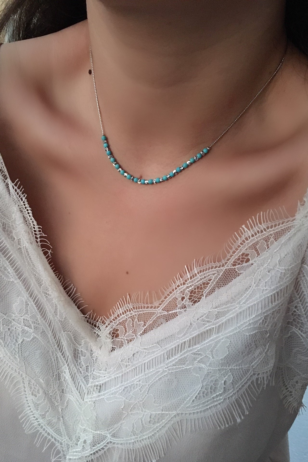 Sıralı Mavi Ve Gümüş Boncuk Kolye