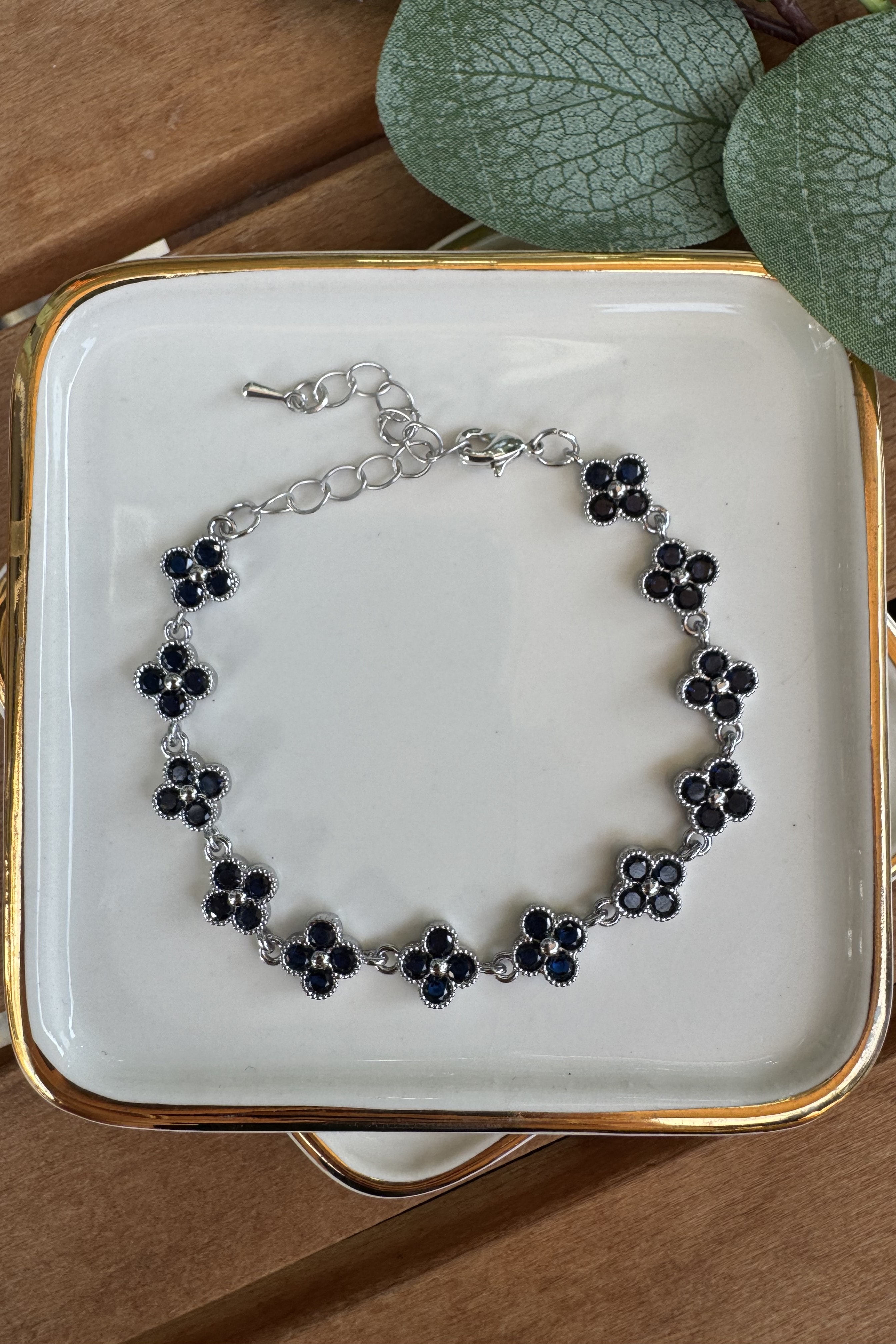 Bronz Lacivert Taşlı Yonca Bileklik Silver 15+6cm