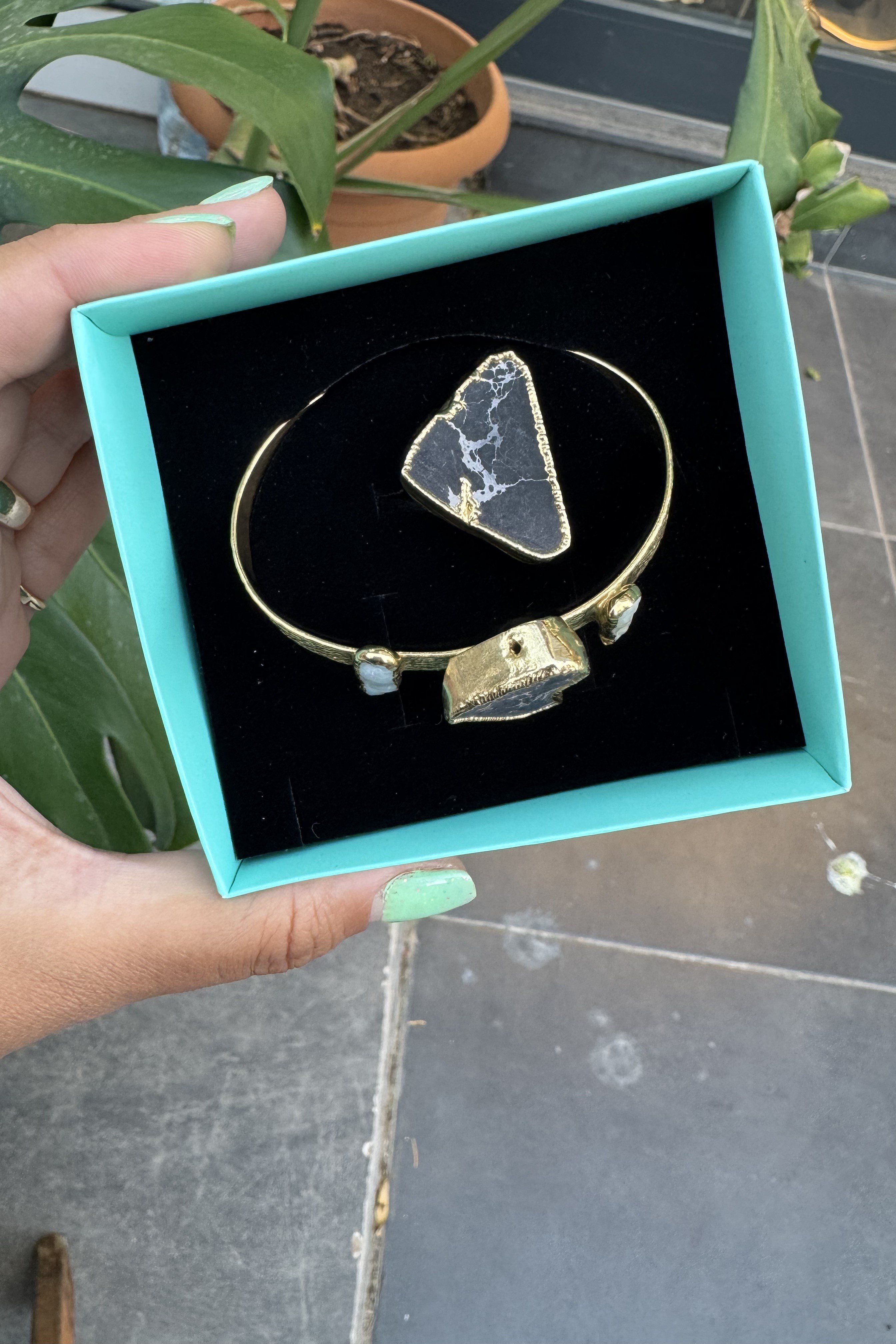 Bronz Üzeri 14K Altın Kaplama Doğal Taş Yüzük-Bilezik Seti