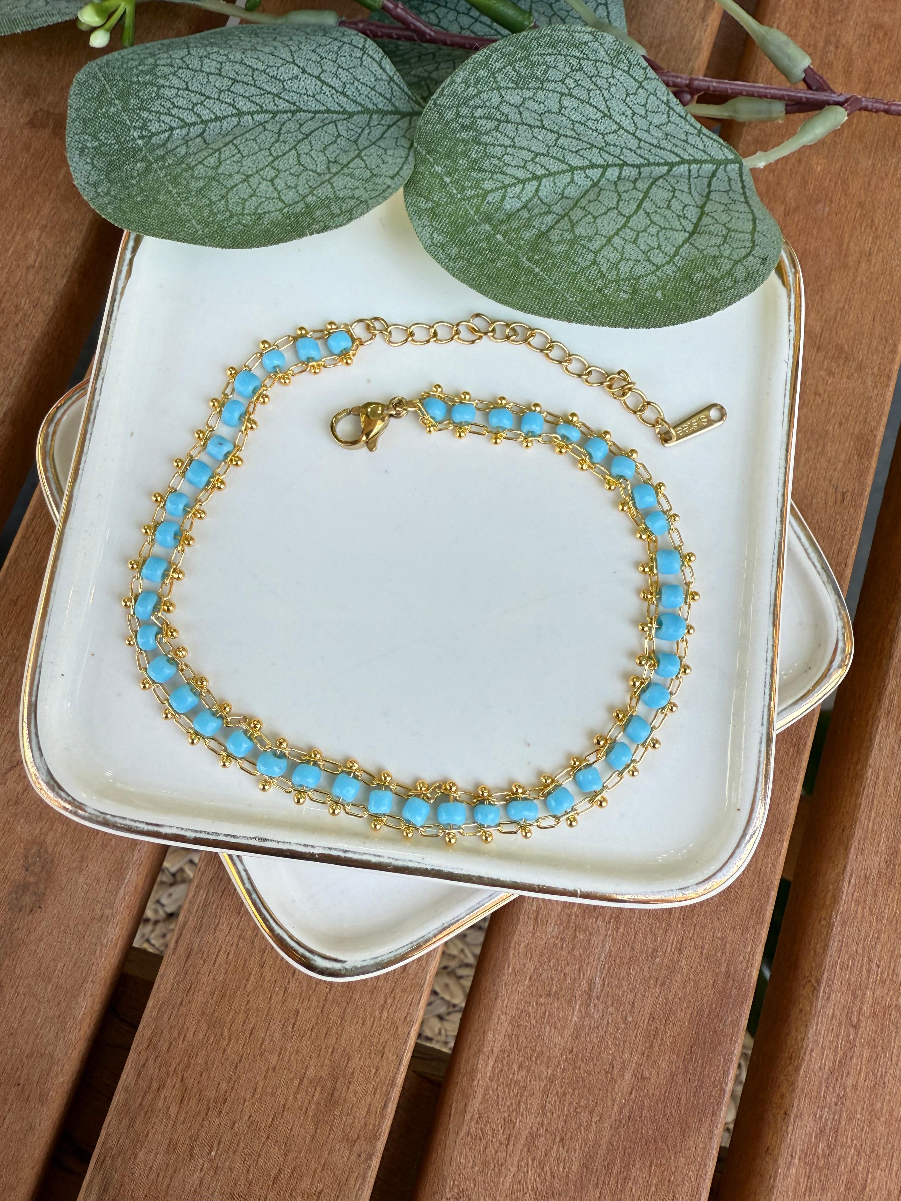 Çelik Örme İçi Mavi Boncuk Halhal 28cm