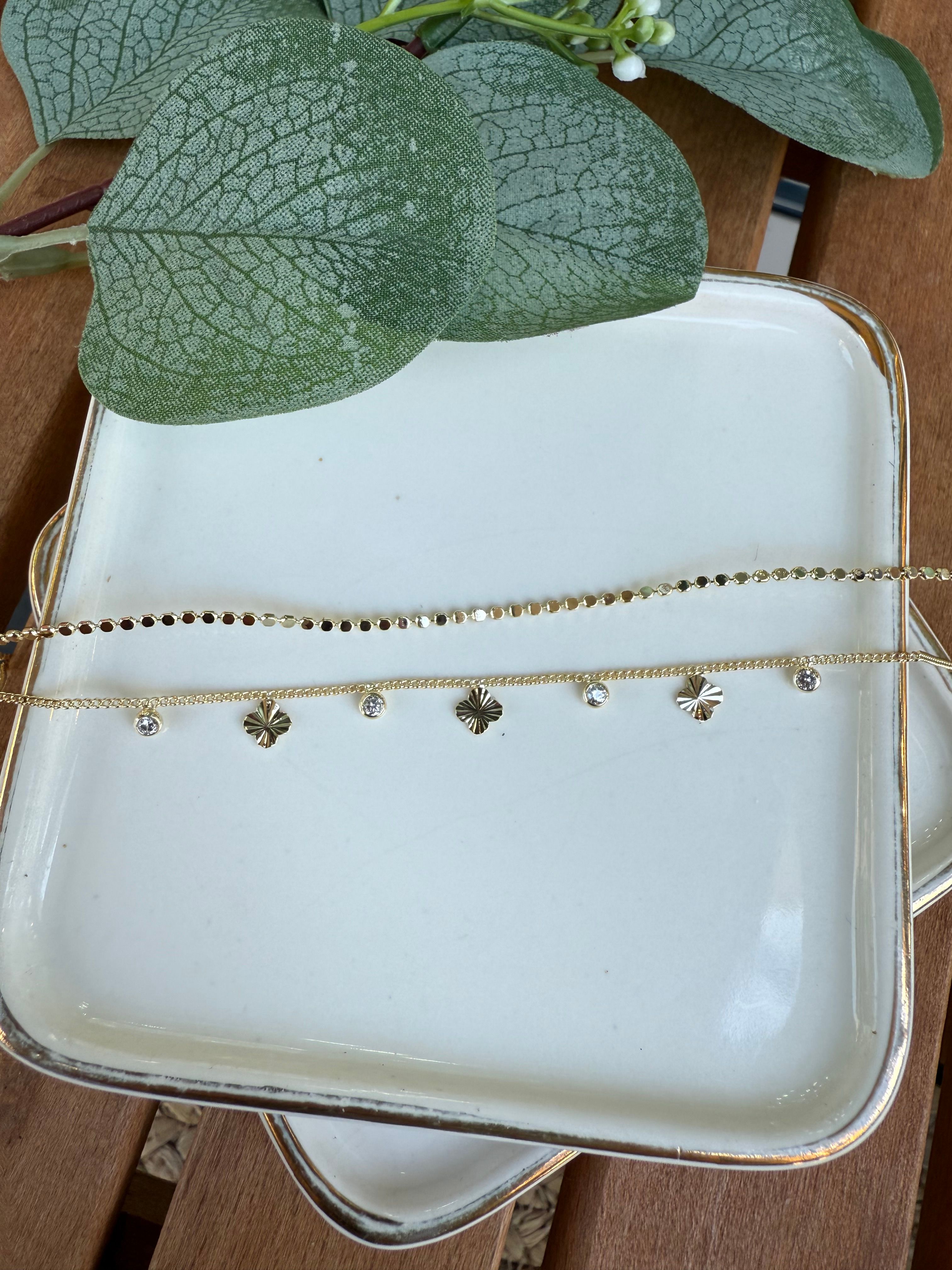 14K Altın Kaplama Yonca Plaka, Ezme Zincir Halhal 25cm
