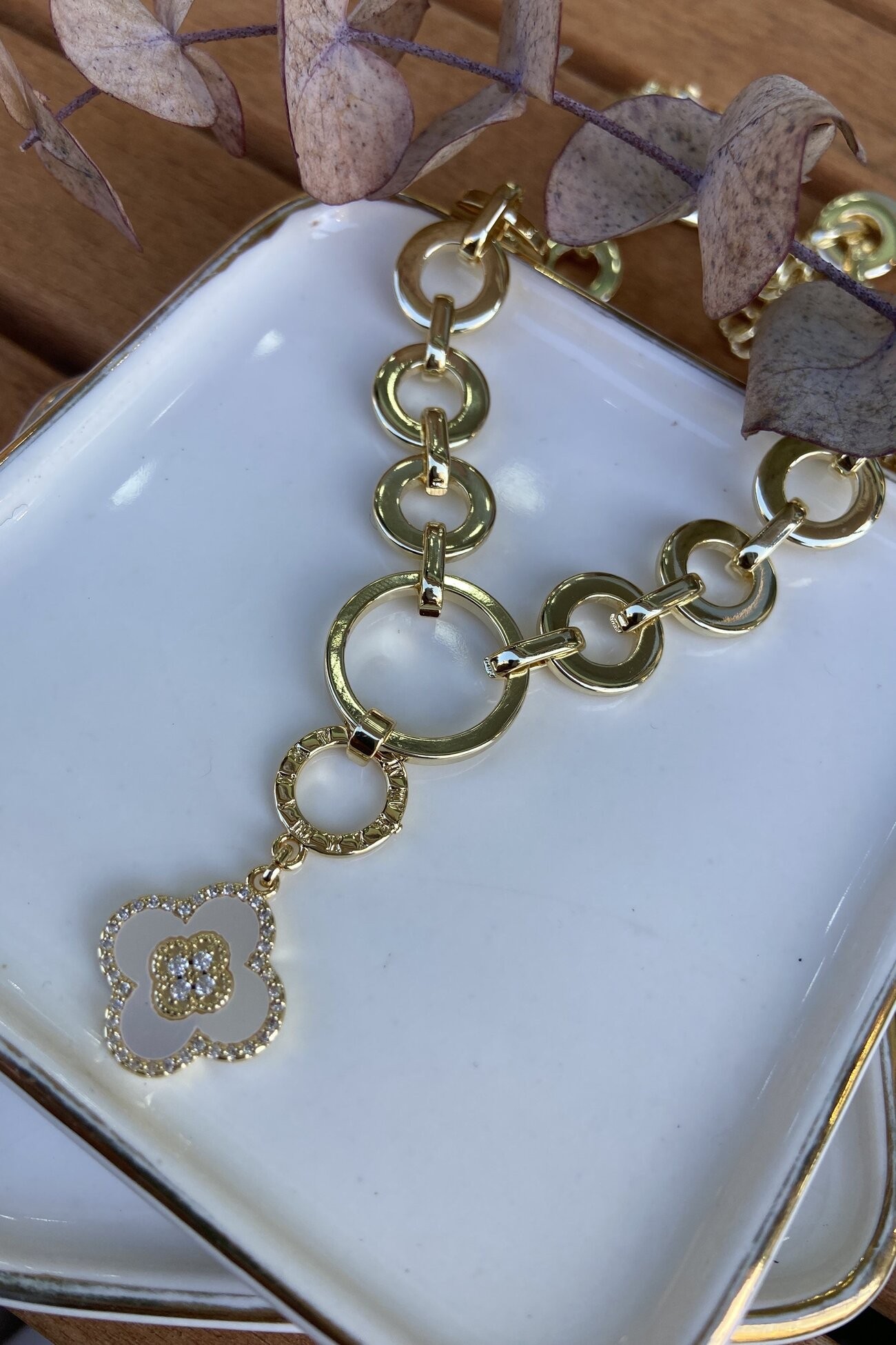 14K Altın Kaplama Kenarları Taşlı Sedefli Yonca Kolye 47cm