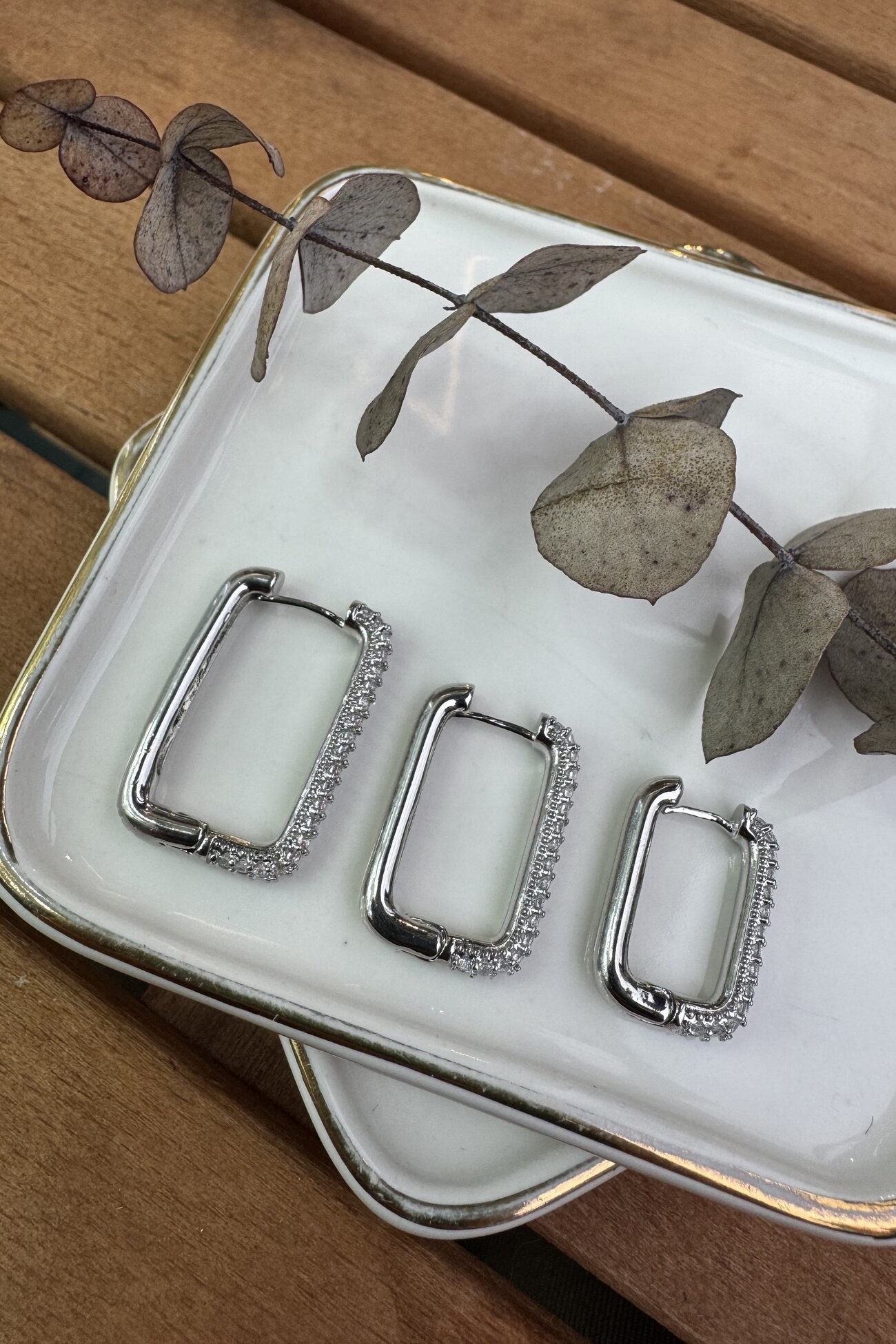 14K Altın Kaplama Dikdörtgen Zirkon Taşlı 3'lü Küpe Seti Silver