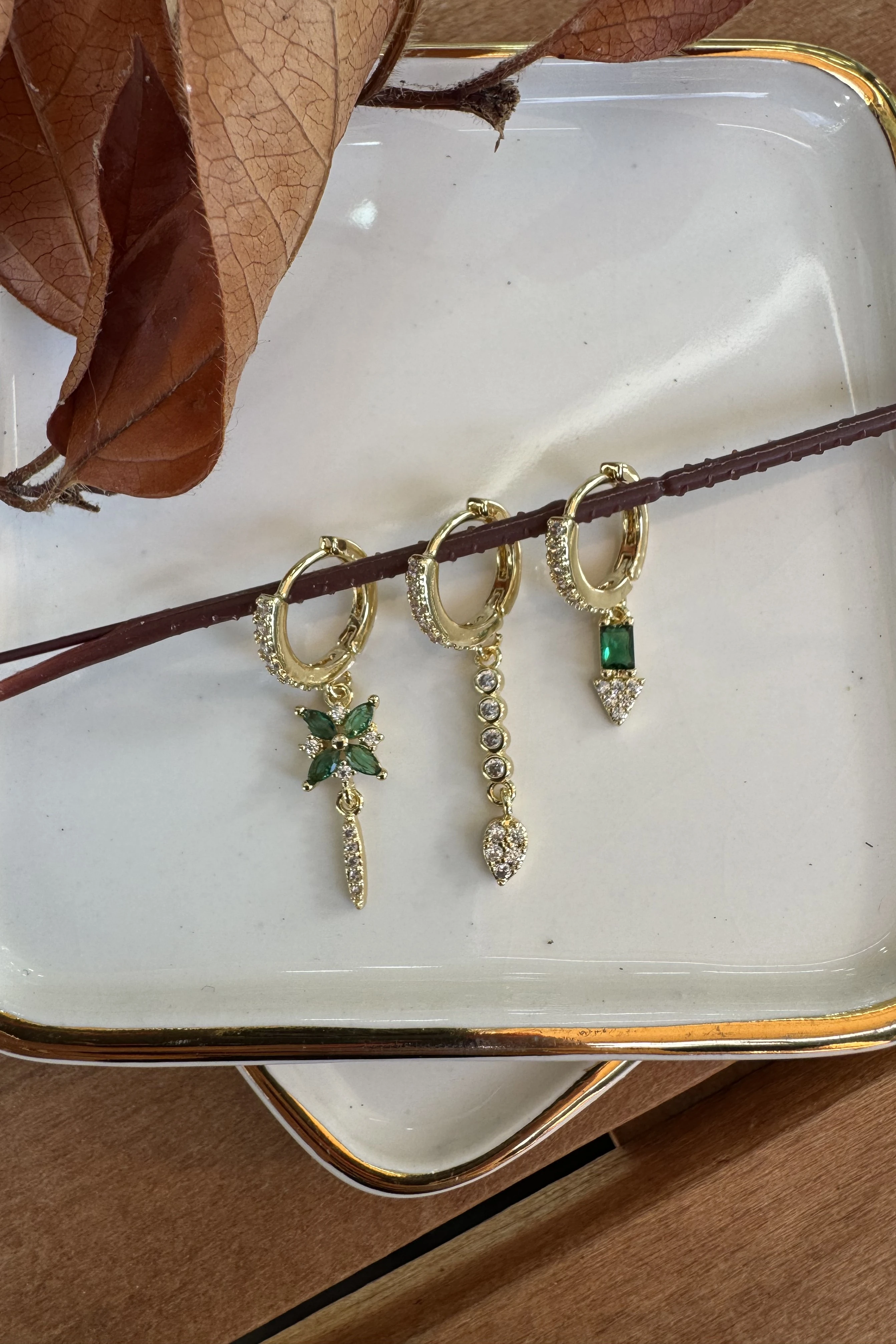 14K Altın Kaplama Yeşil Yonca 3'lü Küpe Seti Gold