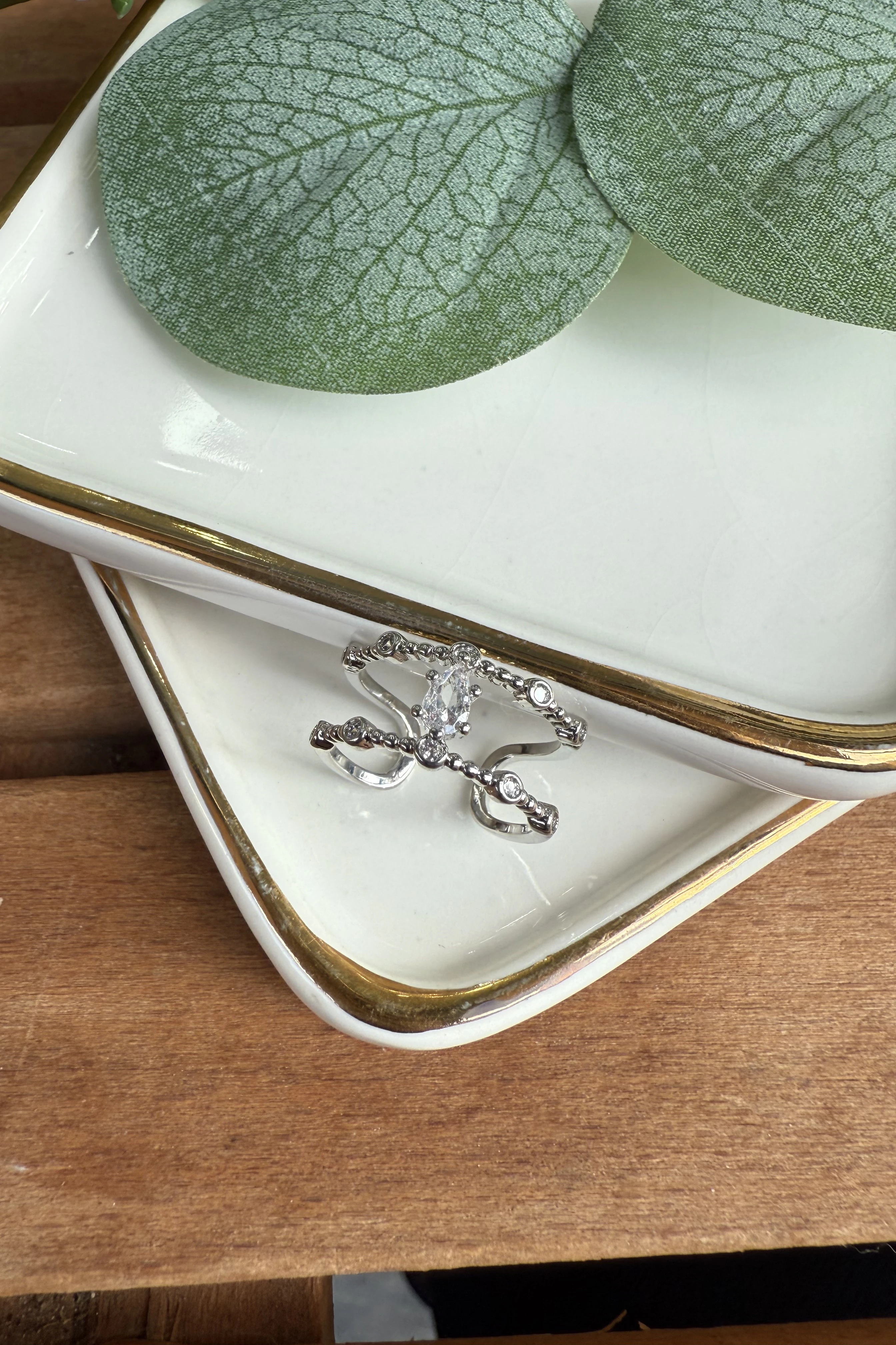 14K Altın Kaplama Ortası Taşlı Çift Sıra Serçe Parmak Yüzüğü Silver