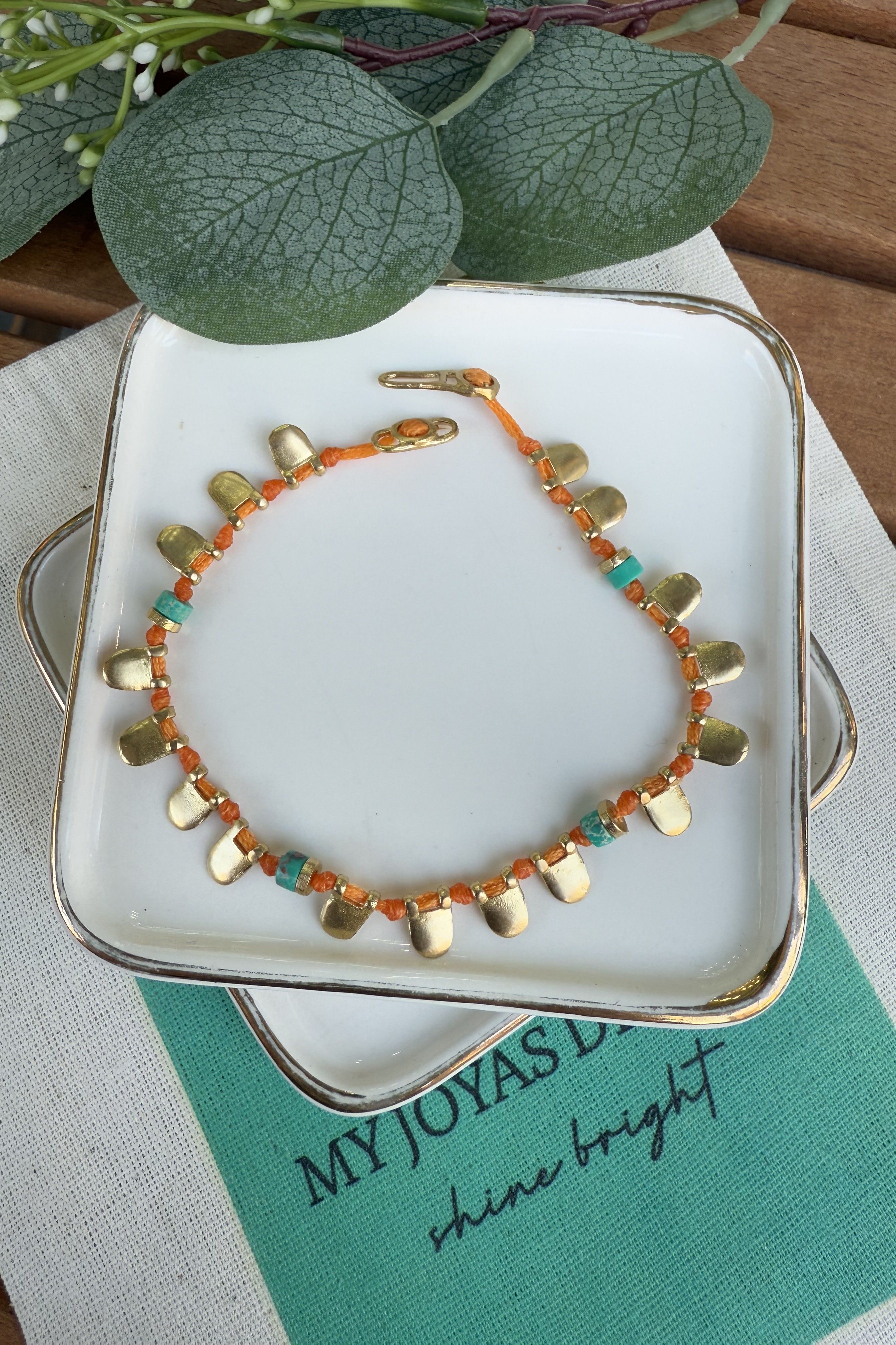 Bronz Turuncu İpli Doğal Taşlı Halhal 21cm