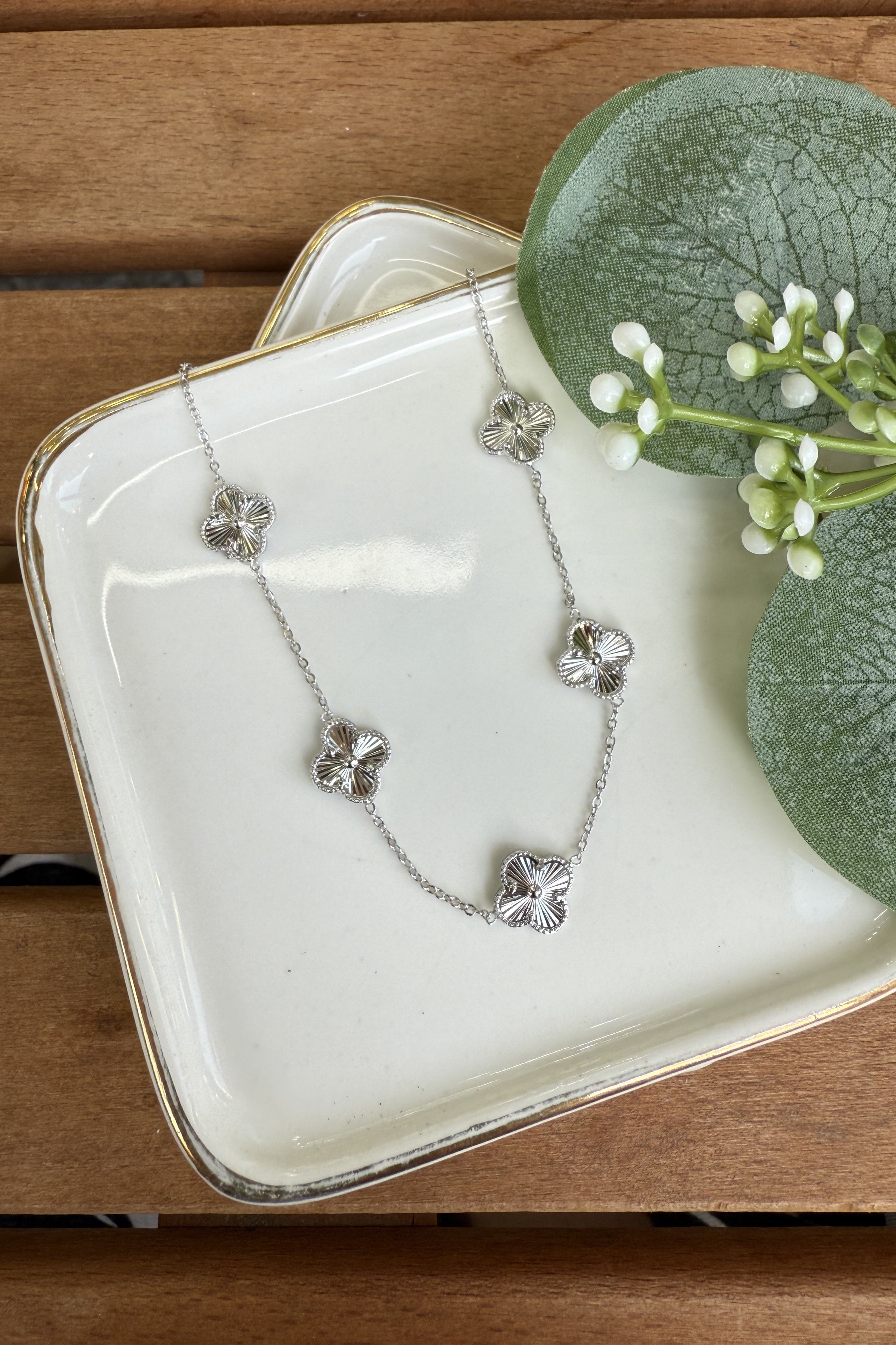 14K Altın Kaplama 5'li Yonca Kolye Silver 48cm