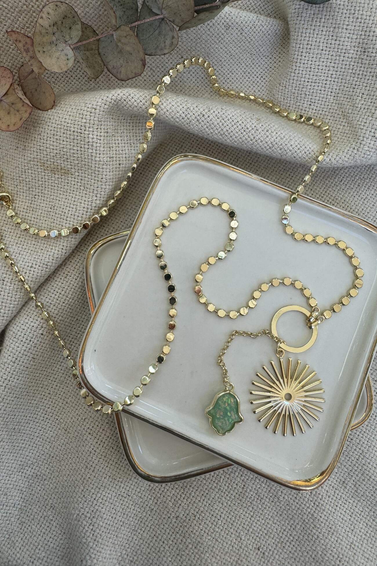 14K Altın Kaplama Ezme Zincirde Opal Fatma Ana Eli Kolye 65cm Gold