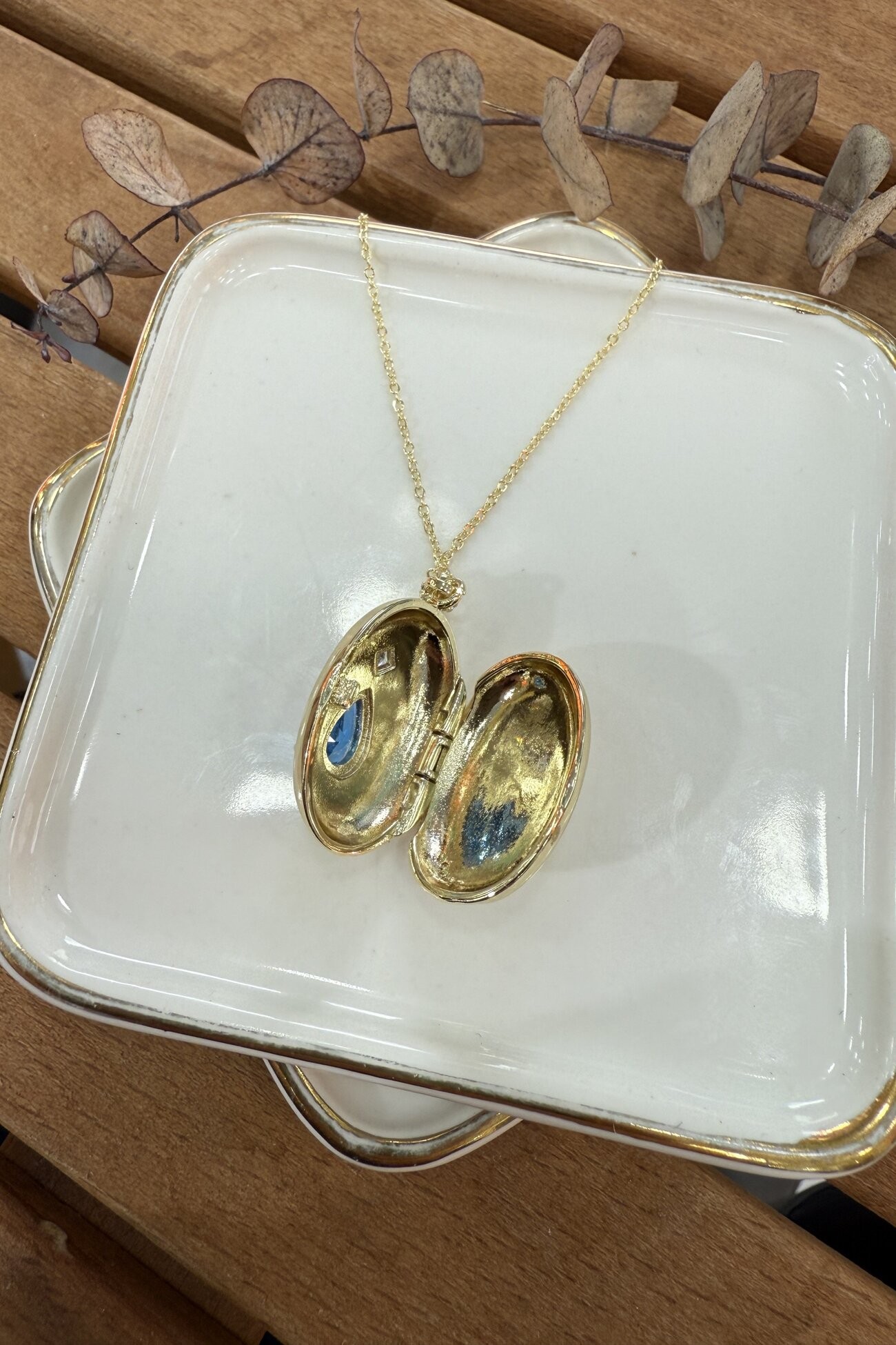14K Altın Kaplama Mavi Damla Taşlı Madalyon Kolye 55cm
