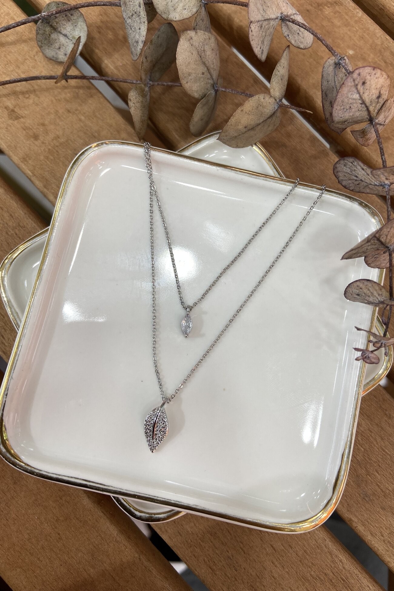 14K Altın Kaplama İkili Minimal Tüy Kolye Silver 45cm