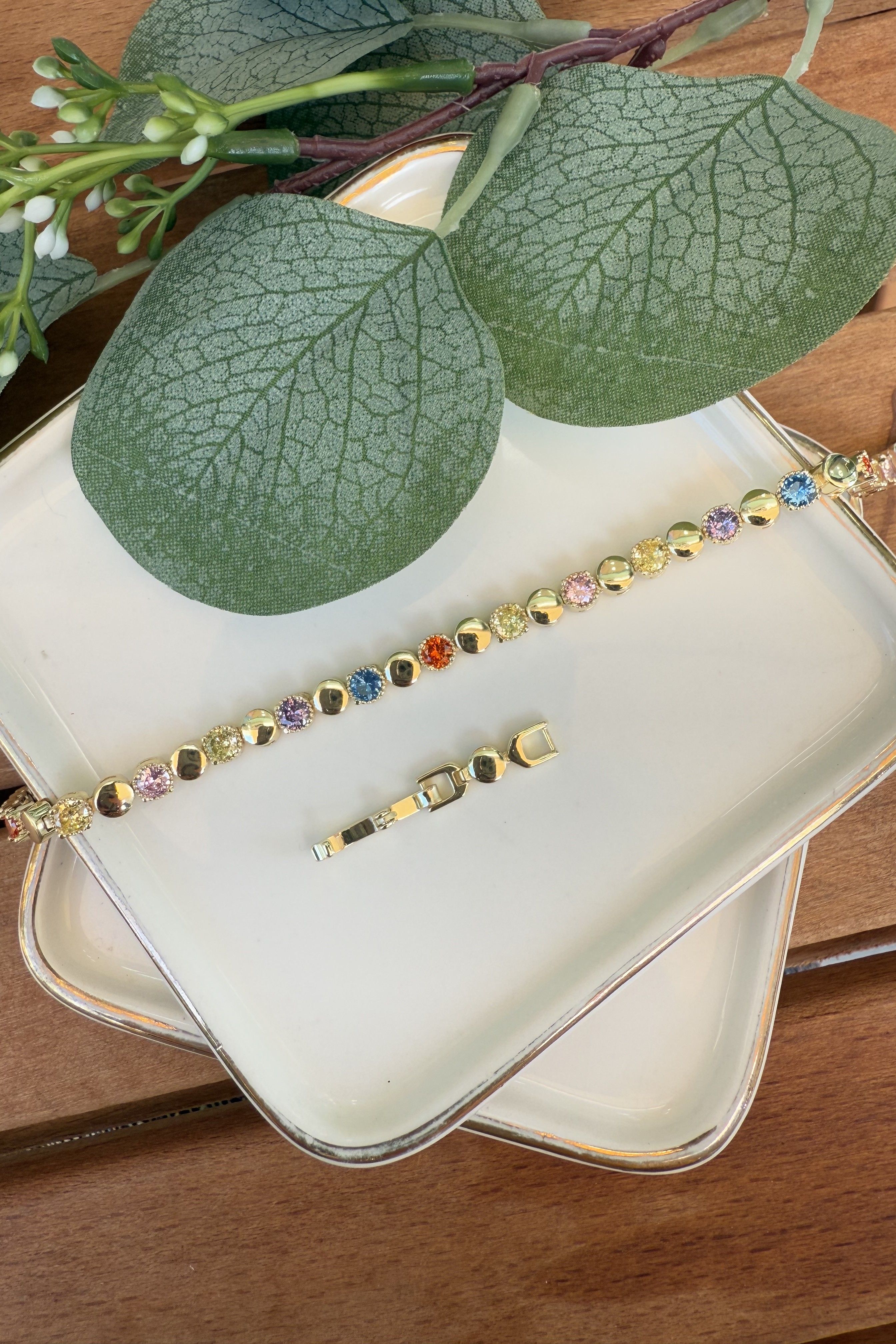 14K Altın Kaplama Renkli Taşlı & Yuvarlak Plaka Geçişli Bileklik 17+2cm
