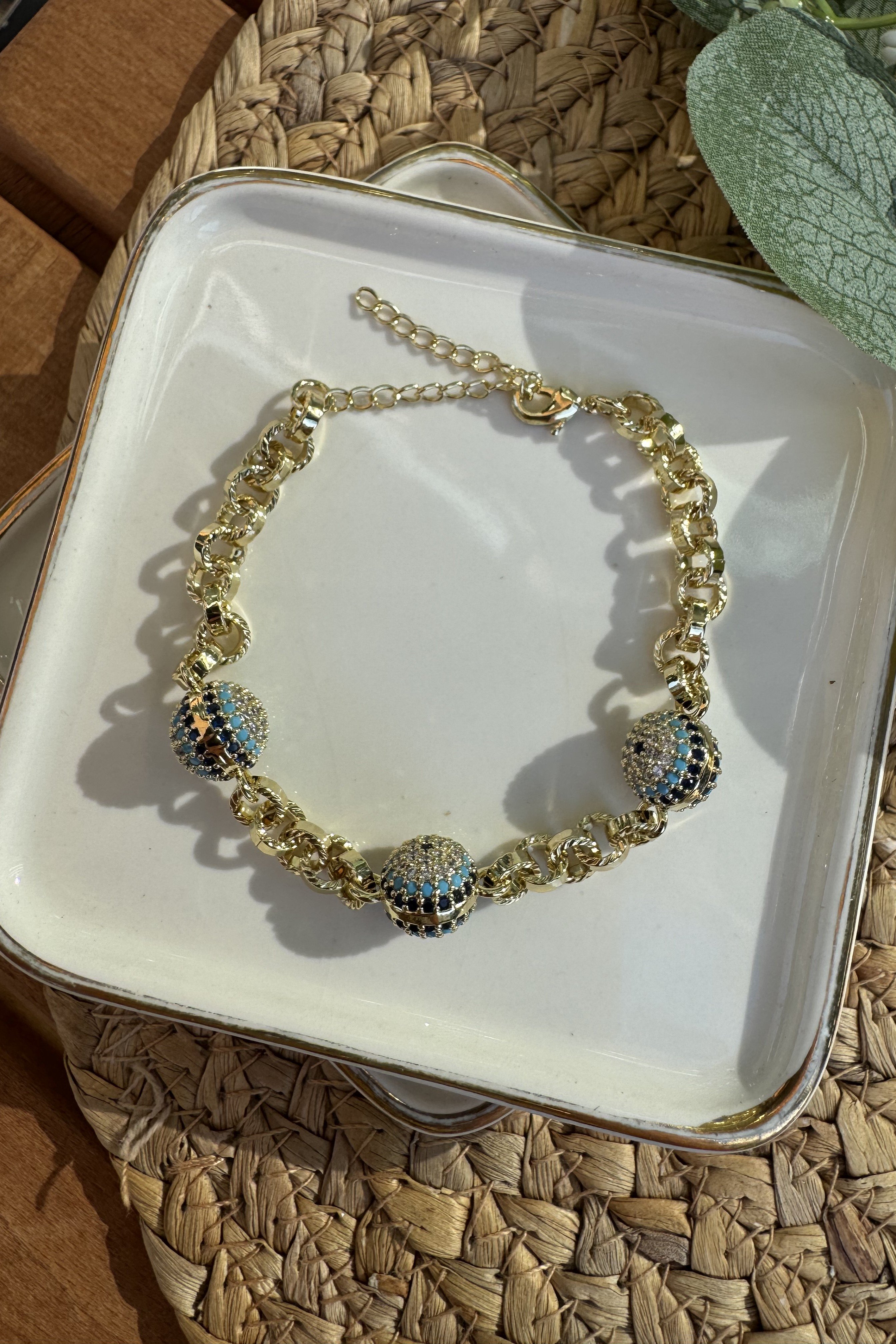 14K Altın Kaplama Zirkon Taşlı Üç Nazarlı Bileklik 17+4cm