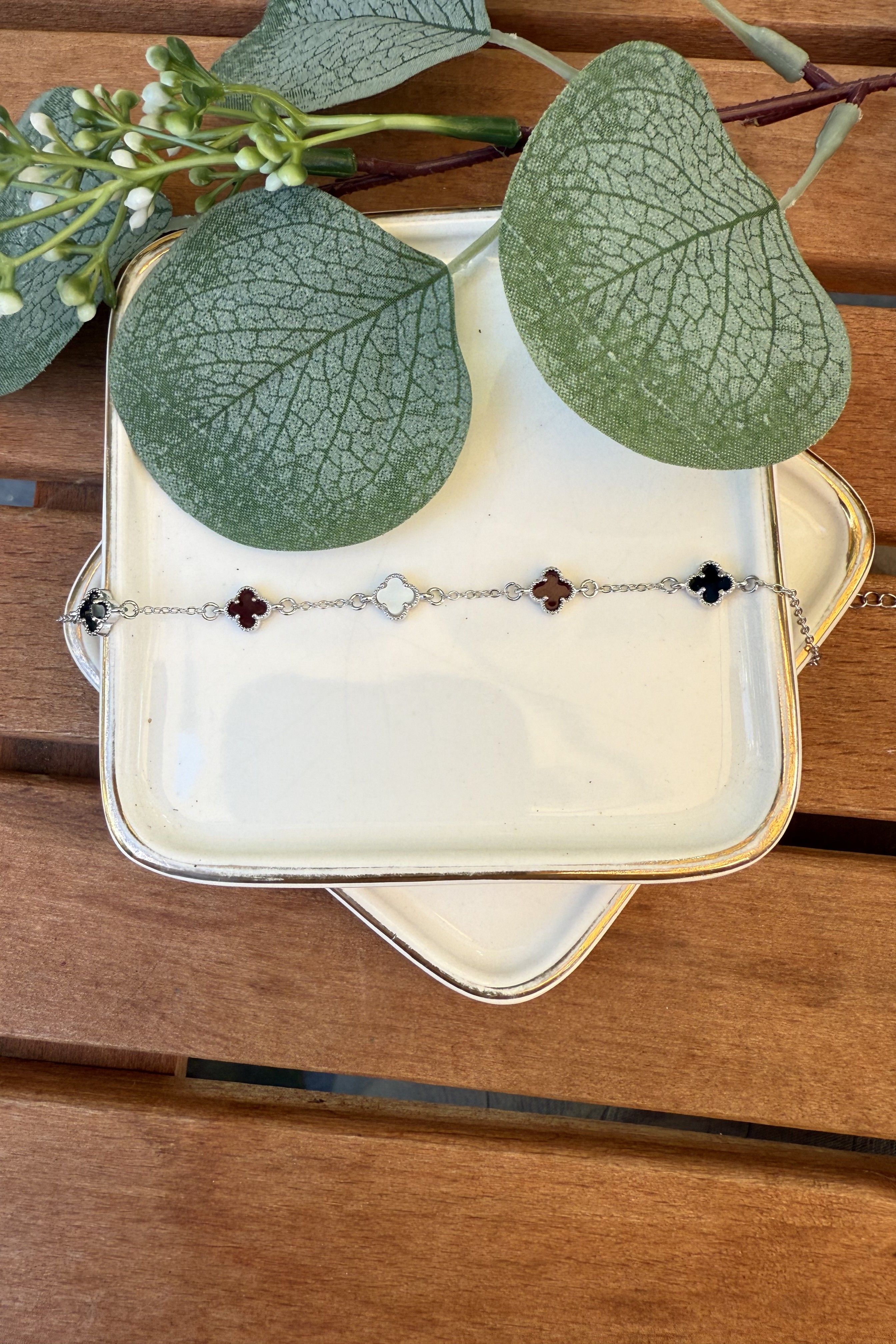 14K Altın Kaplama Siyah, Bordo, Beyaz Taşlı Minik Yonca Bileklik Silver 15+5cm