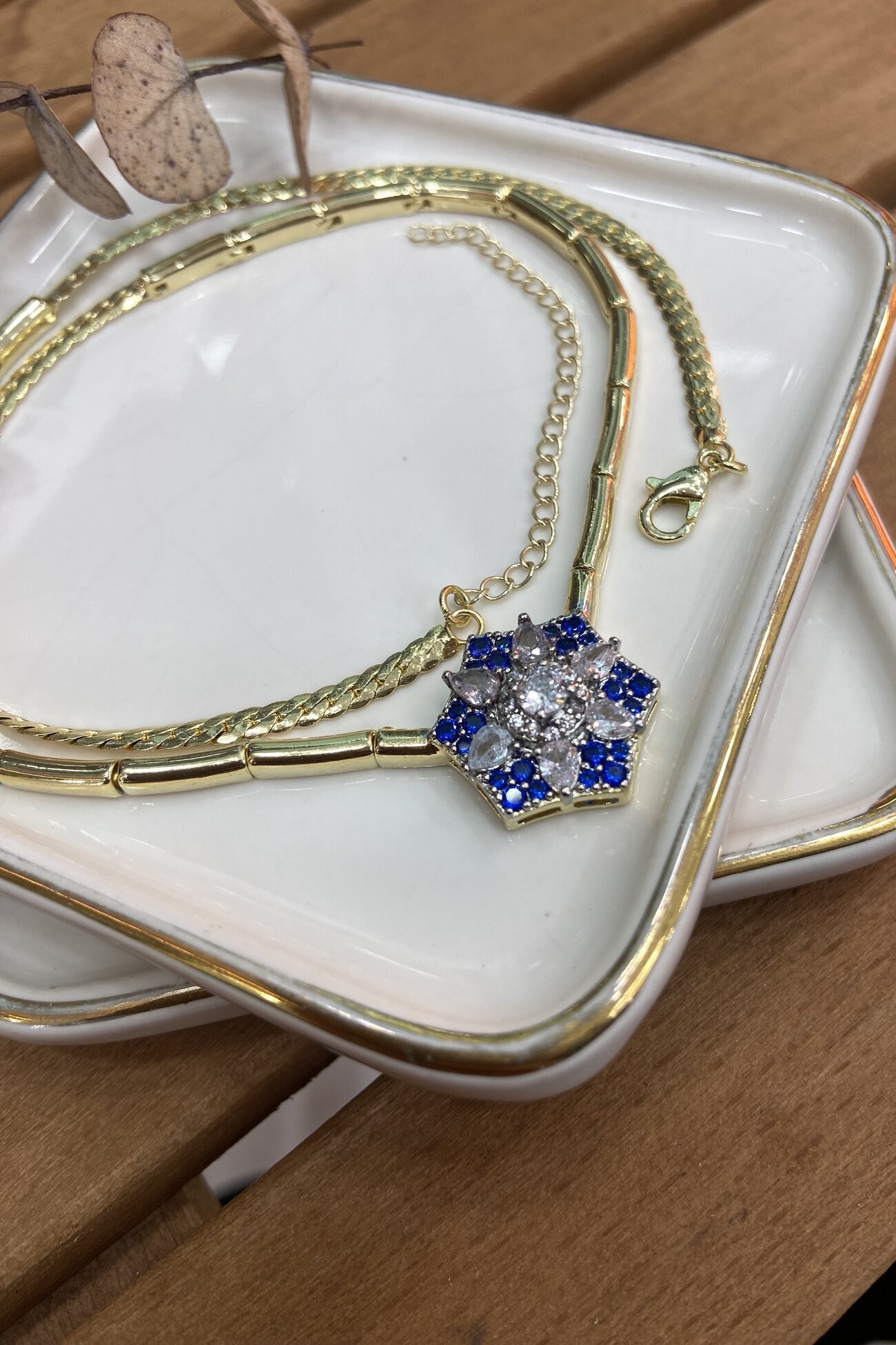 14K Altın Kaplama Mavi Taşlı Elmas Montür Kolye 43cm