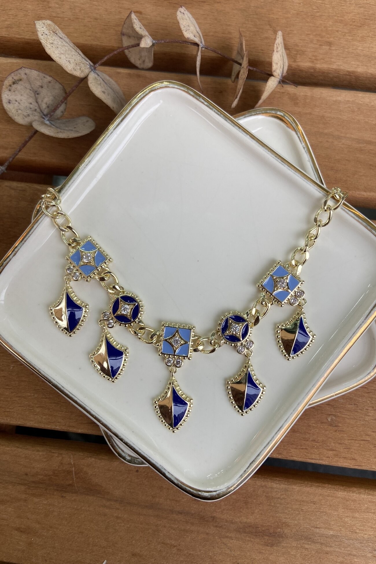 14K Altın Kaplama Mavi Mineli Sallantılı Kolye 50cm