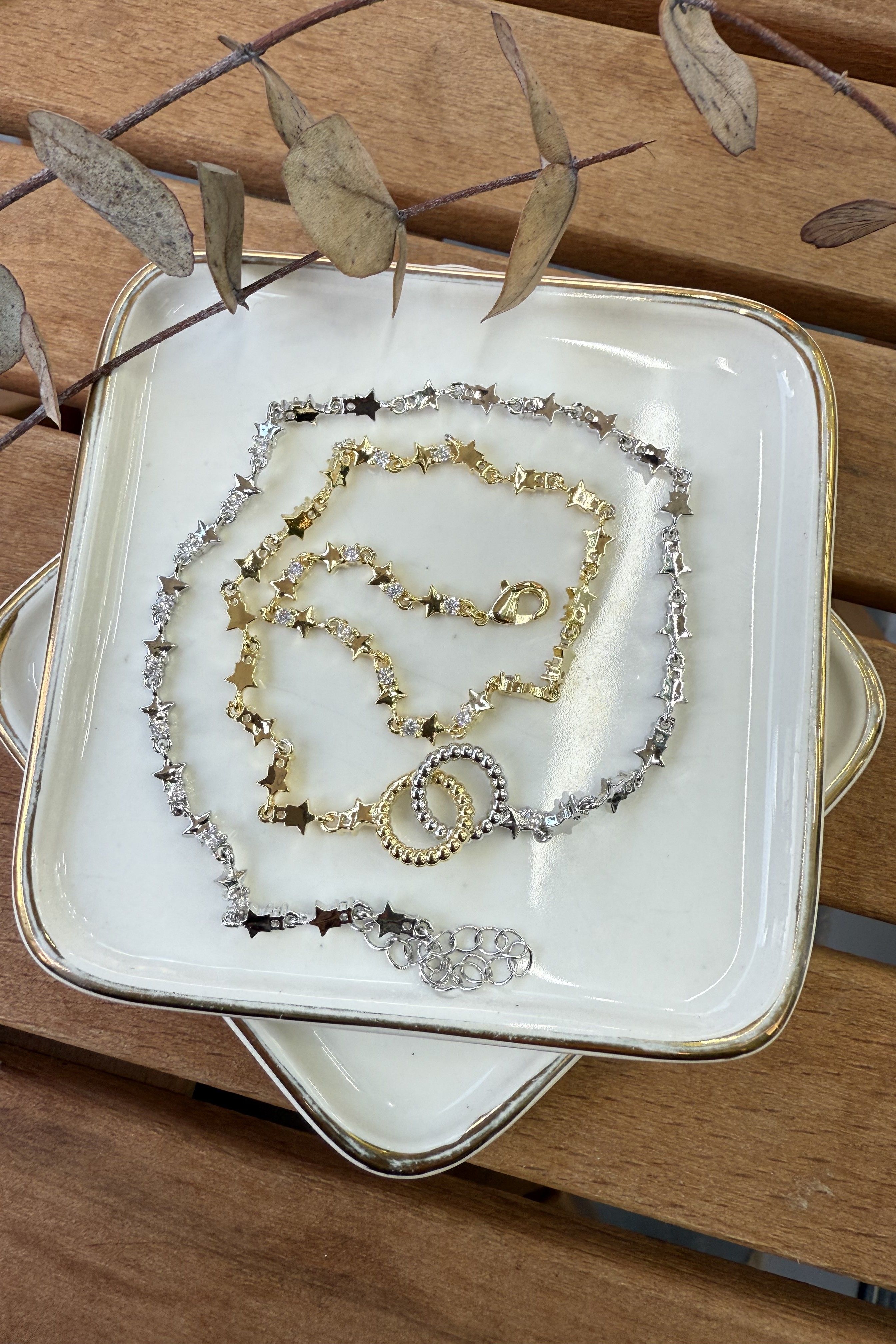 14K Altın Kaplama İki Renkli Yıldız Zincirli Marka Kolye 49cm