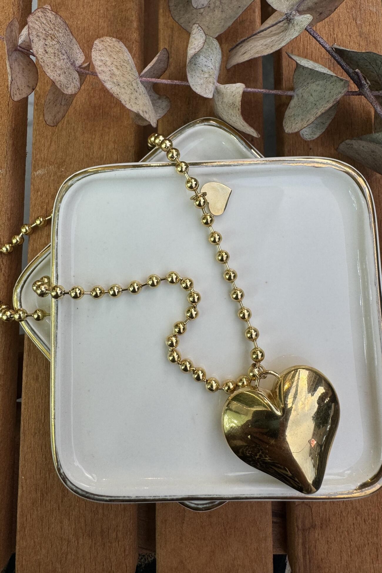 Çelik İri Kalp Detaylı Kolye Gold 50cm