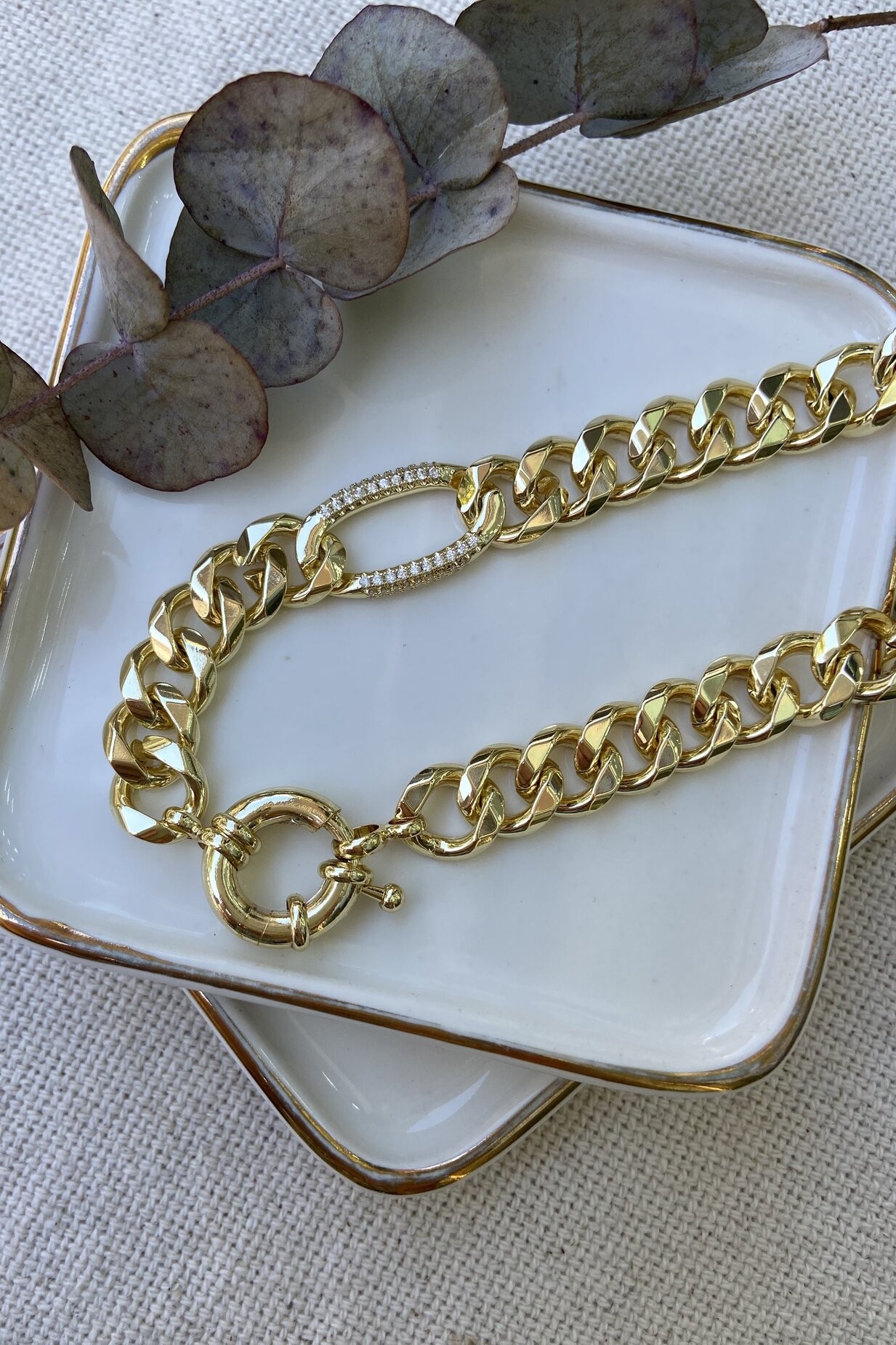 14K Altın Kaplama Taşlı Vintage Zincir Kolye 45cm