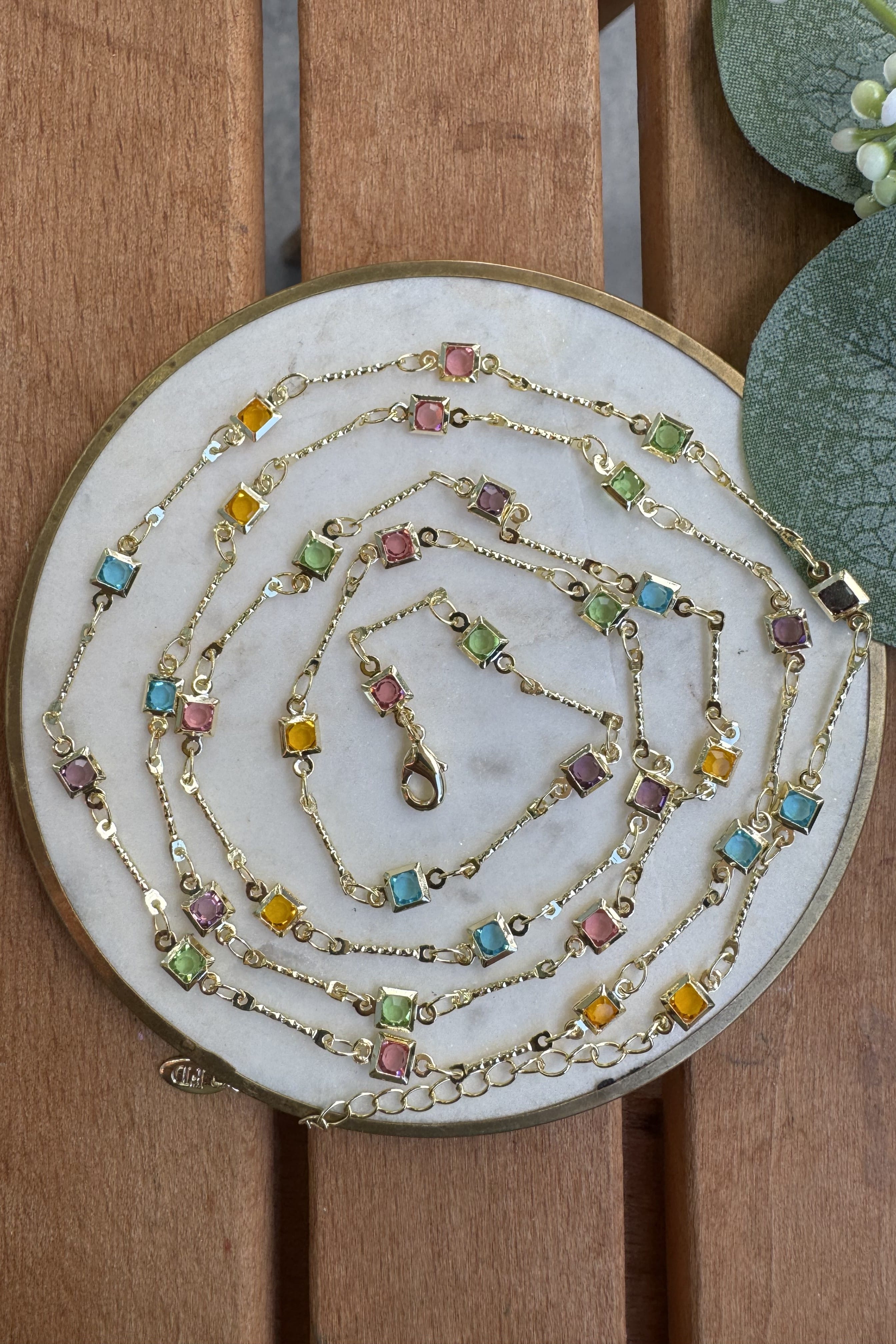 14K Altın Kaplama Renkli Taşlar Uzun Kolye 100cm