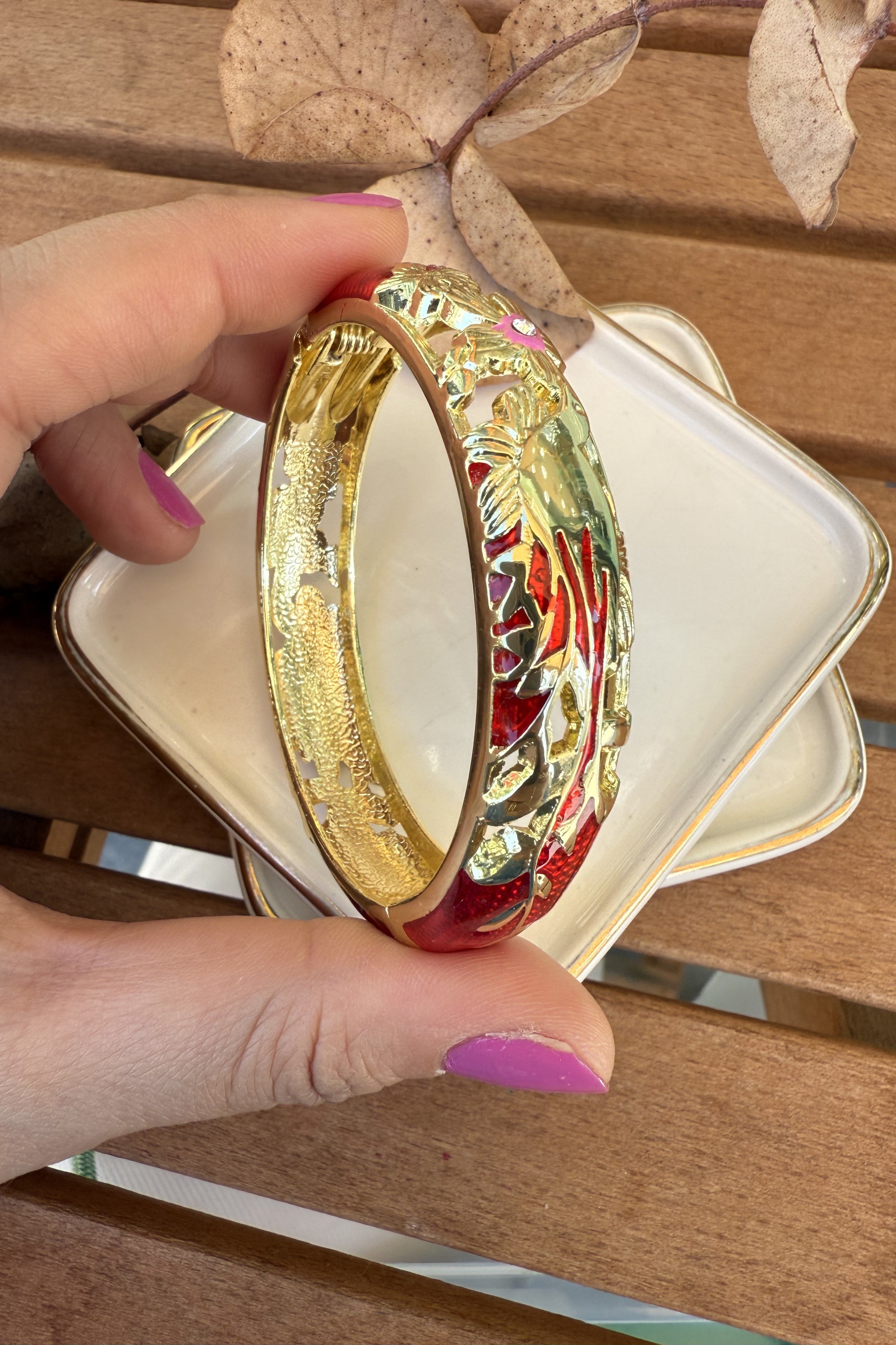 14K Altın Kaplama Kalın Kırmızı Alison Bilezik 6cm