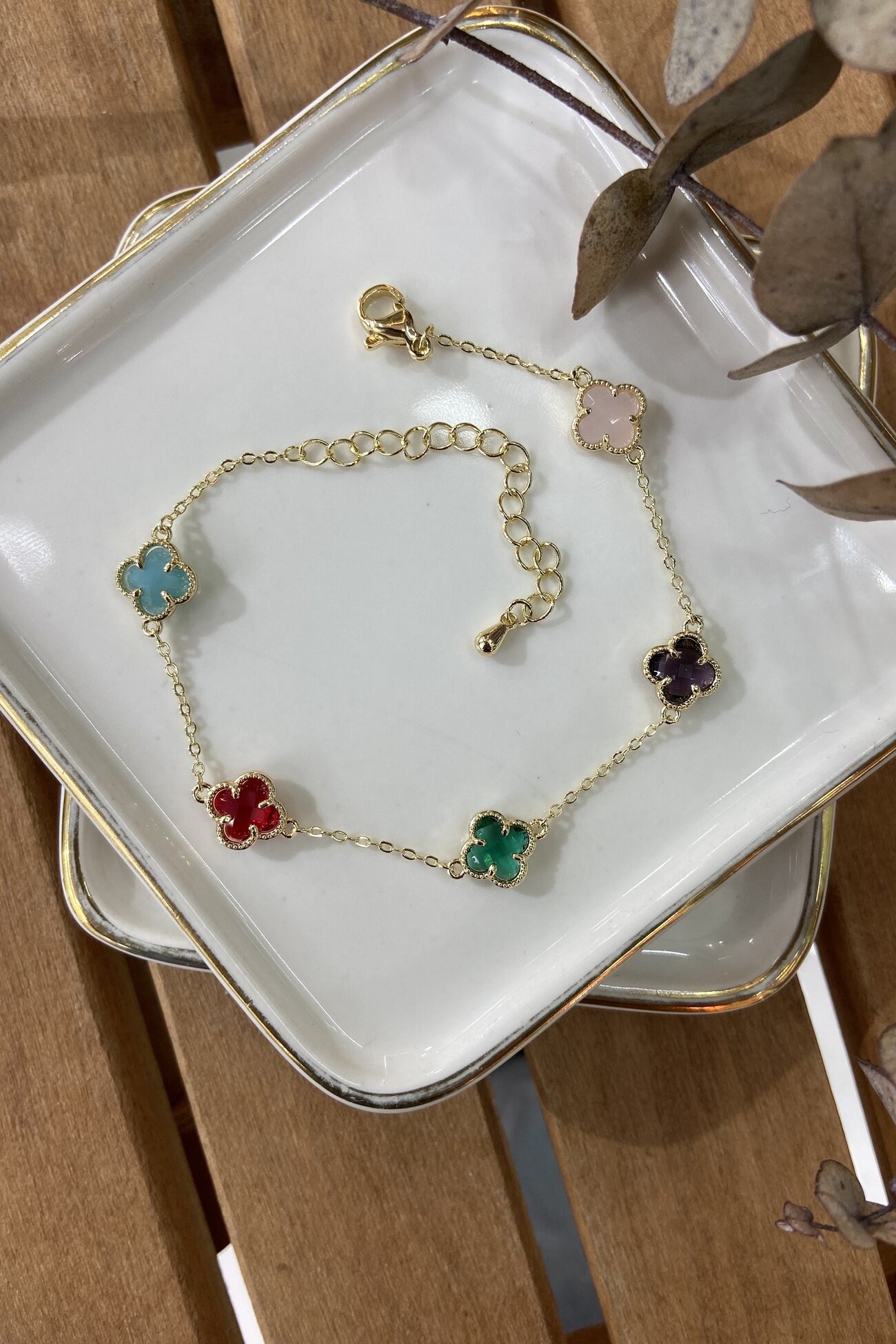14K Altın Kaplama Renkli Taşlı Yonca Bileklik 18+5cm