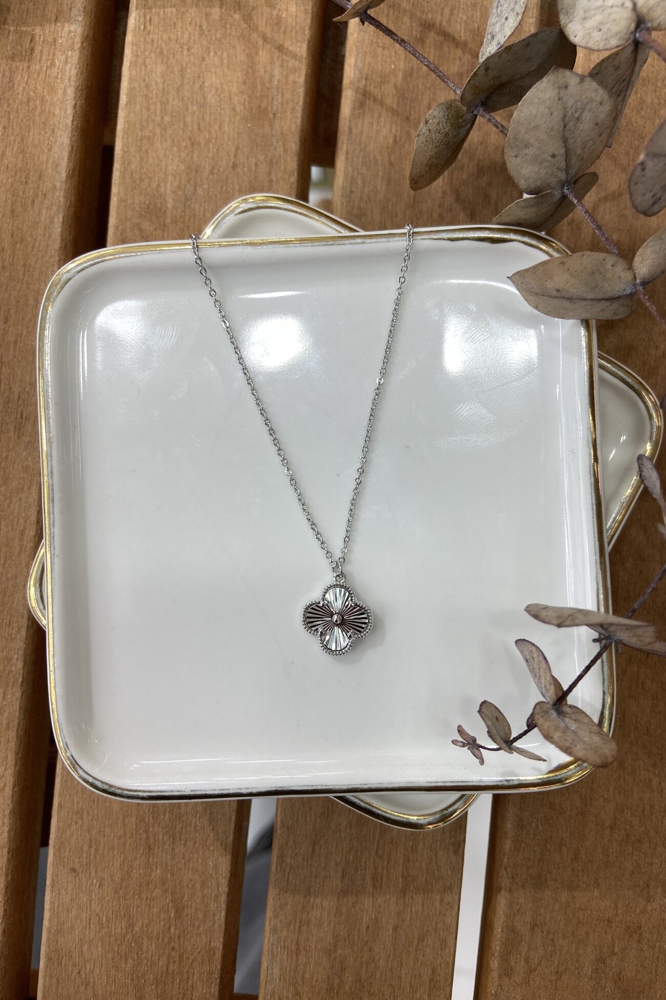 14K Altın Kaplama Yonca Kolye Silver 46cm
