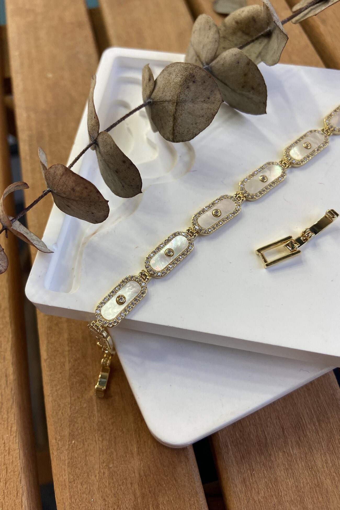 14K Altın Kaplama Sedefli Dikdörtgen Bileklik 16+2 cm