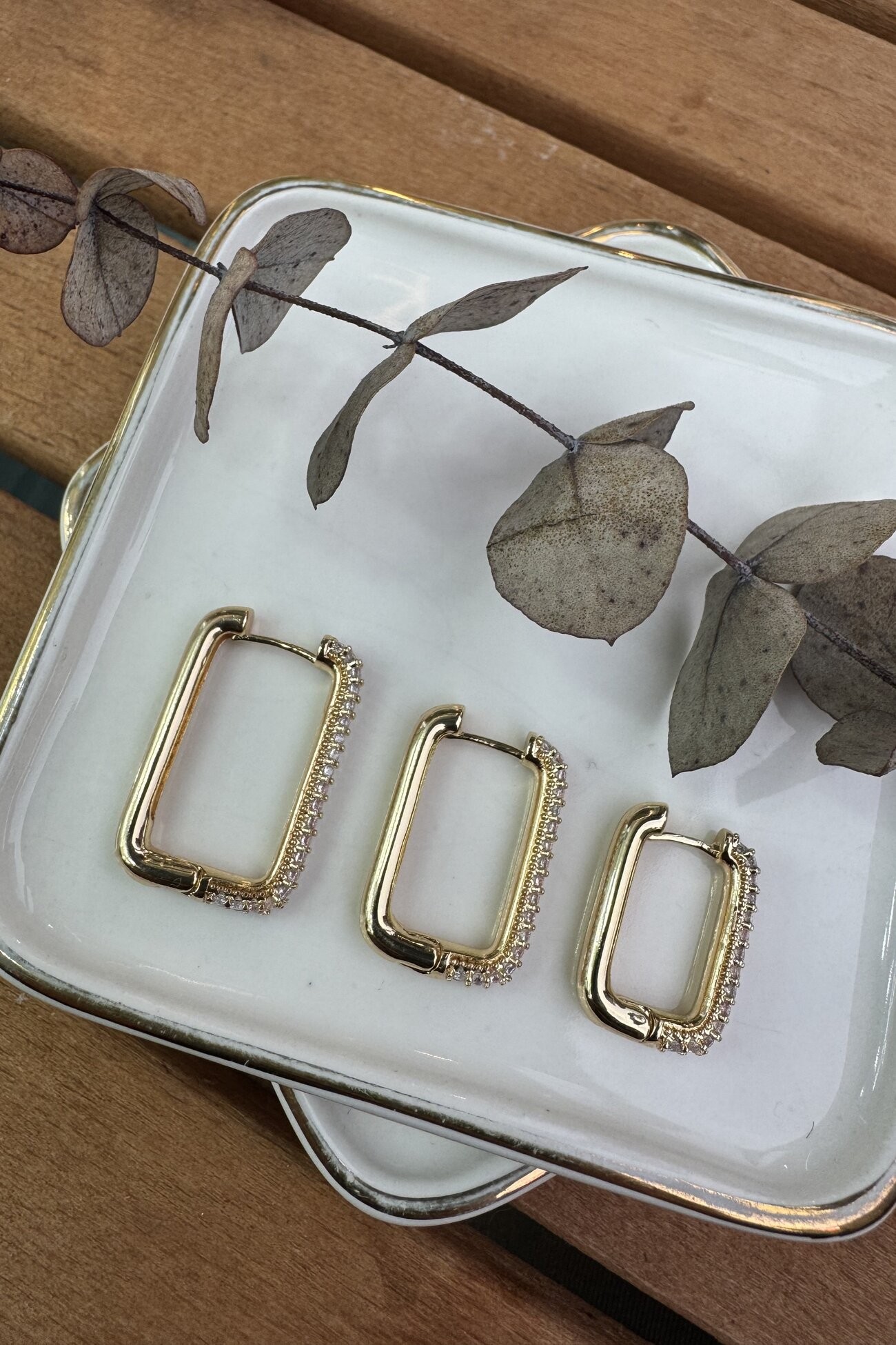 14K Altın Kaplama Dikdörtgen Zirkon Taşlı 3'lü Küpe Seti Gold
