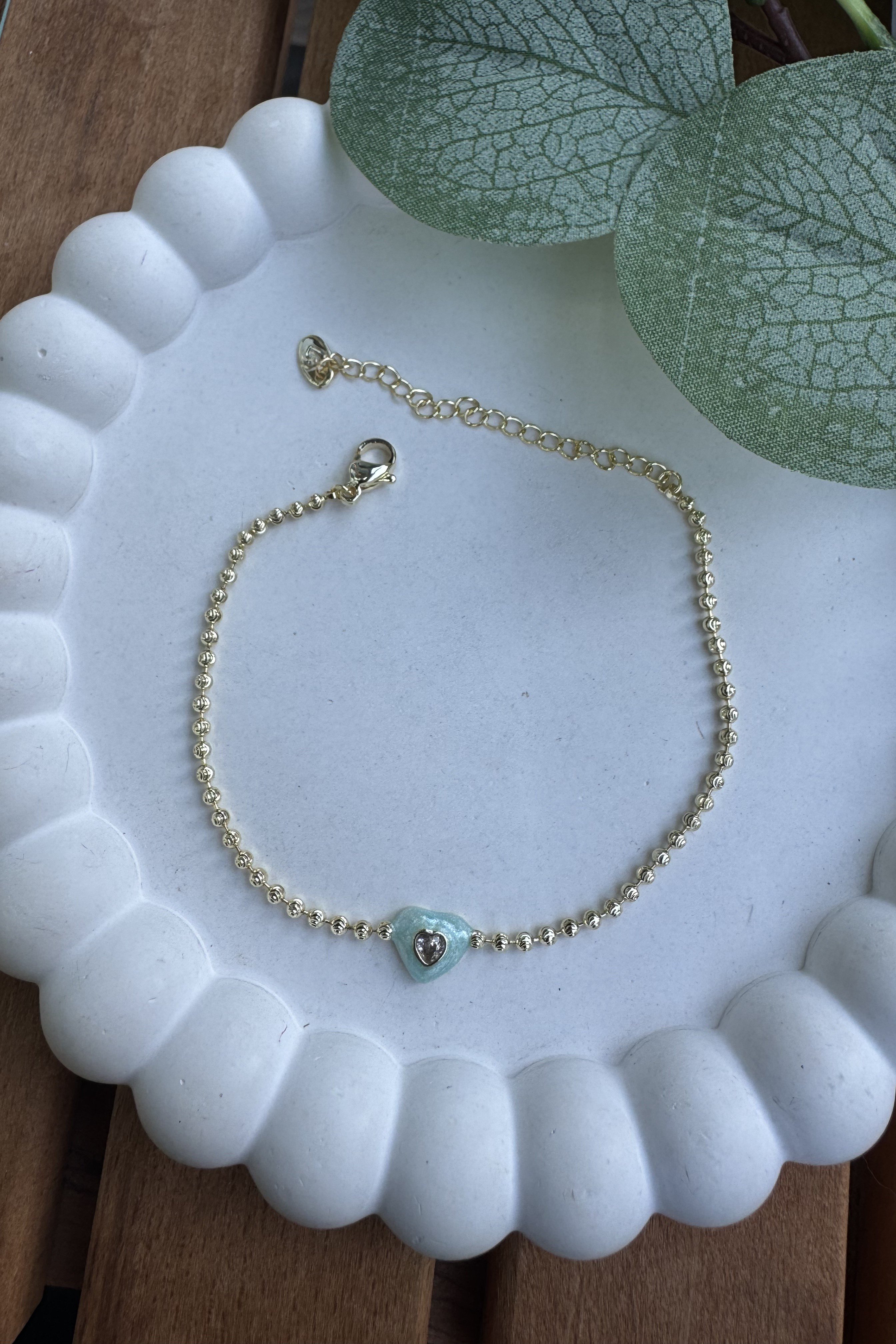 14K Altın Kaplama Minimal Mineli Kalp Bileklik 17+4cm