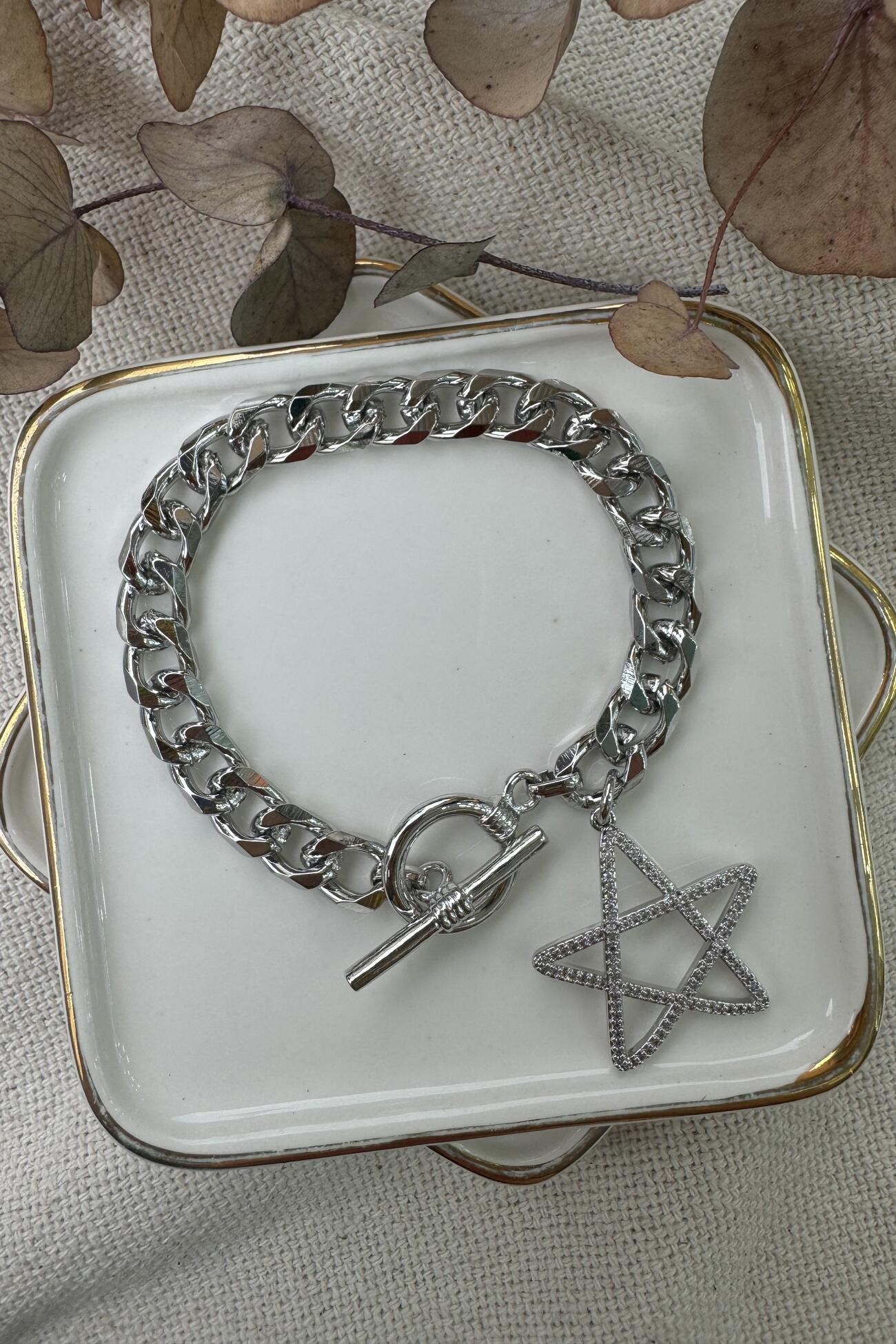 14K Altın Kaplama Taşlı Yıldız Sallantılı Bileklik 19cm