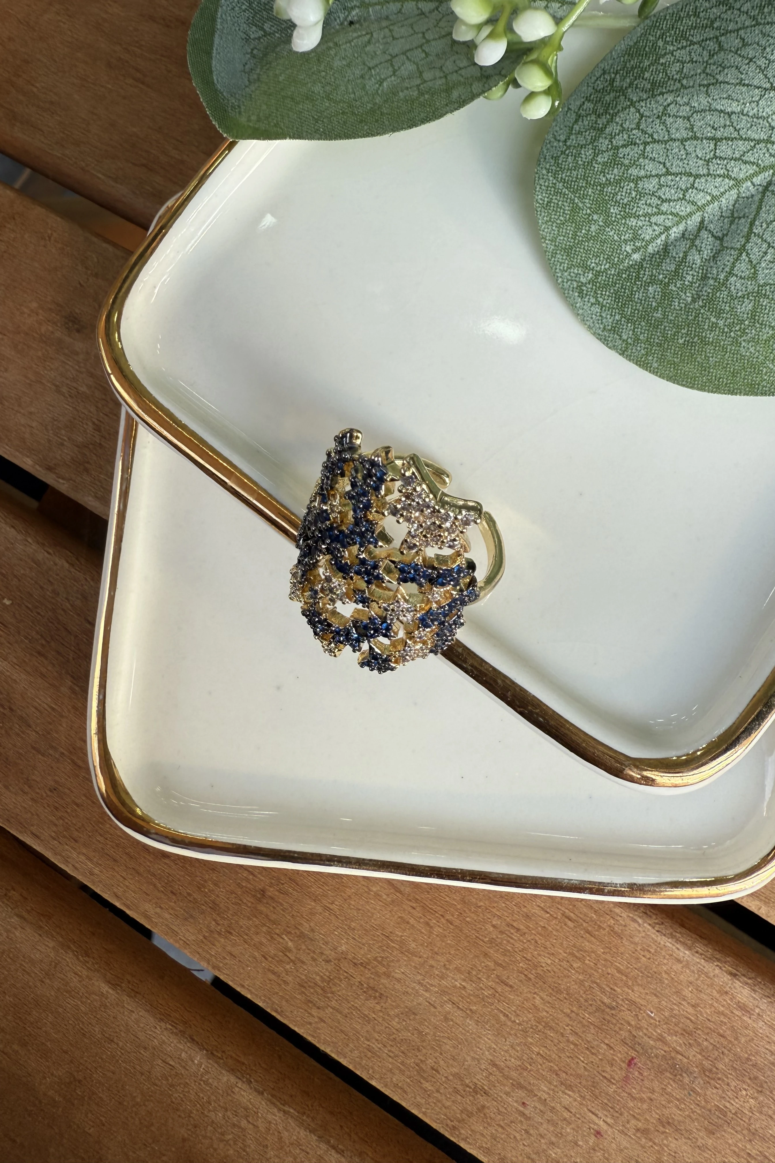 14K Altın Kaplama Lacivert Taşlı Yıldızlar Tasarım Yüzük