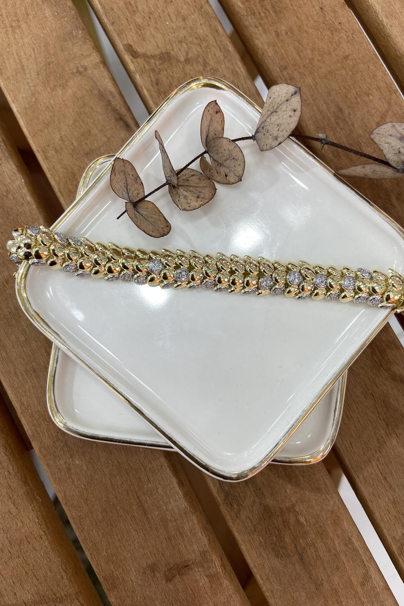 14K Altın Kaplama Eklemli, Taşlı Bileklik 17cm