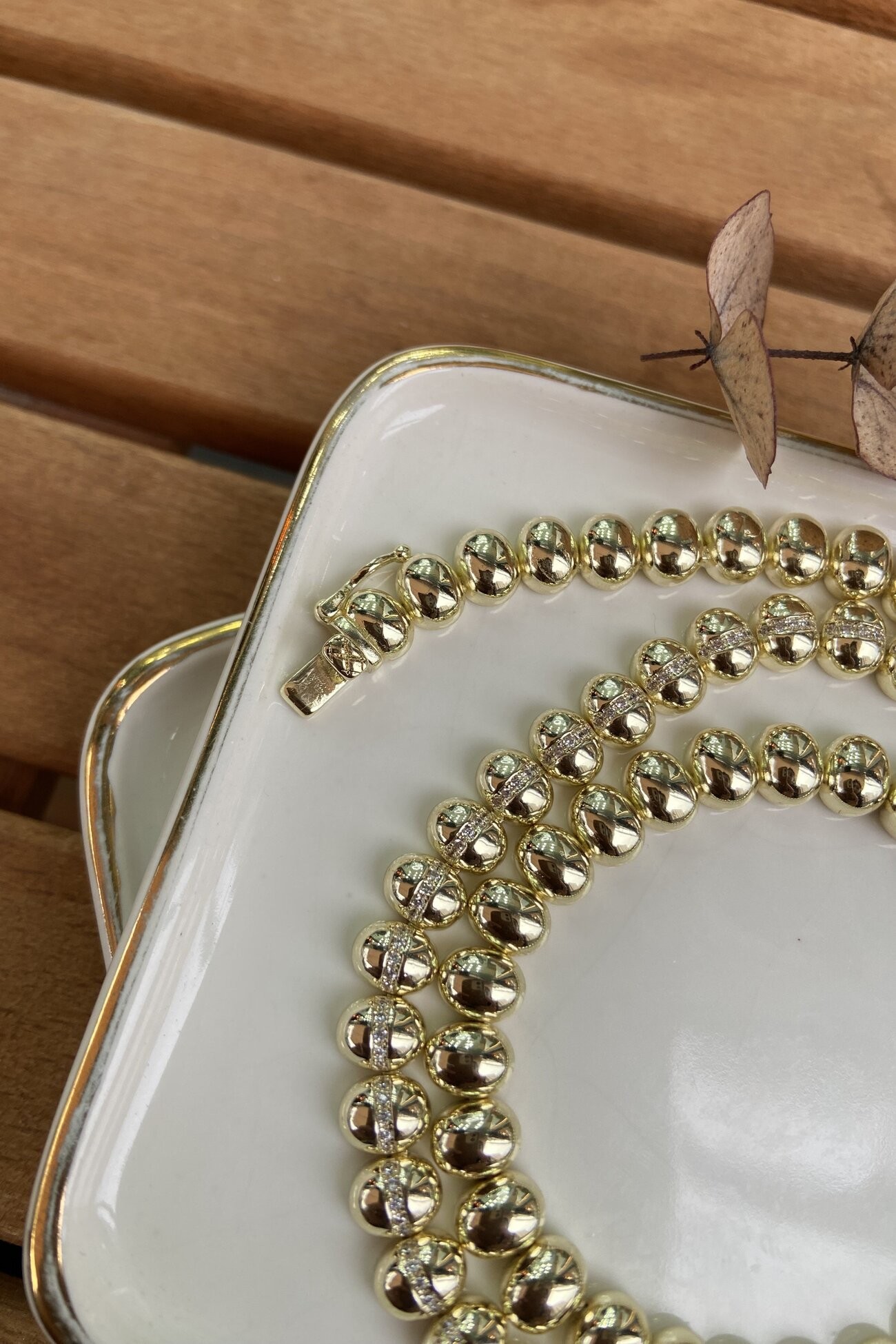 14K Altın Kaplama Ortası Taşlı Plakalar Kolye 45cm