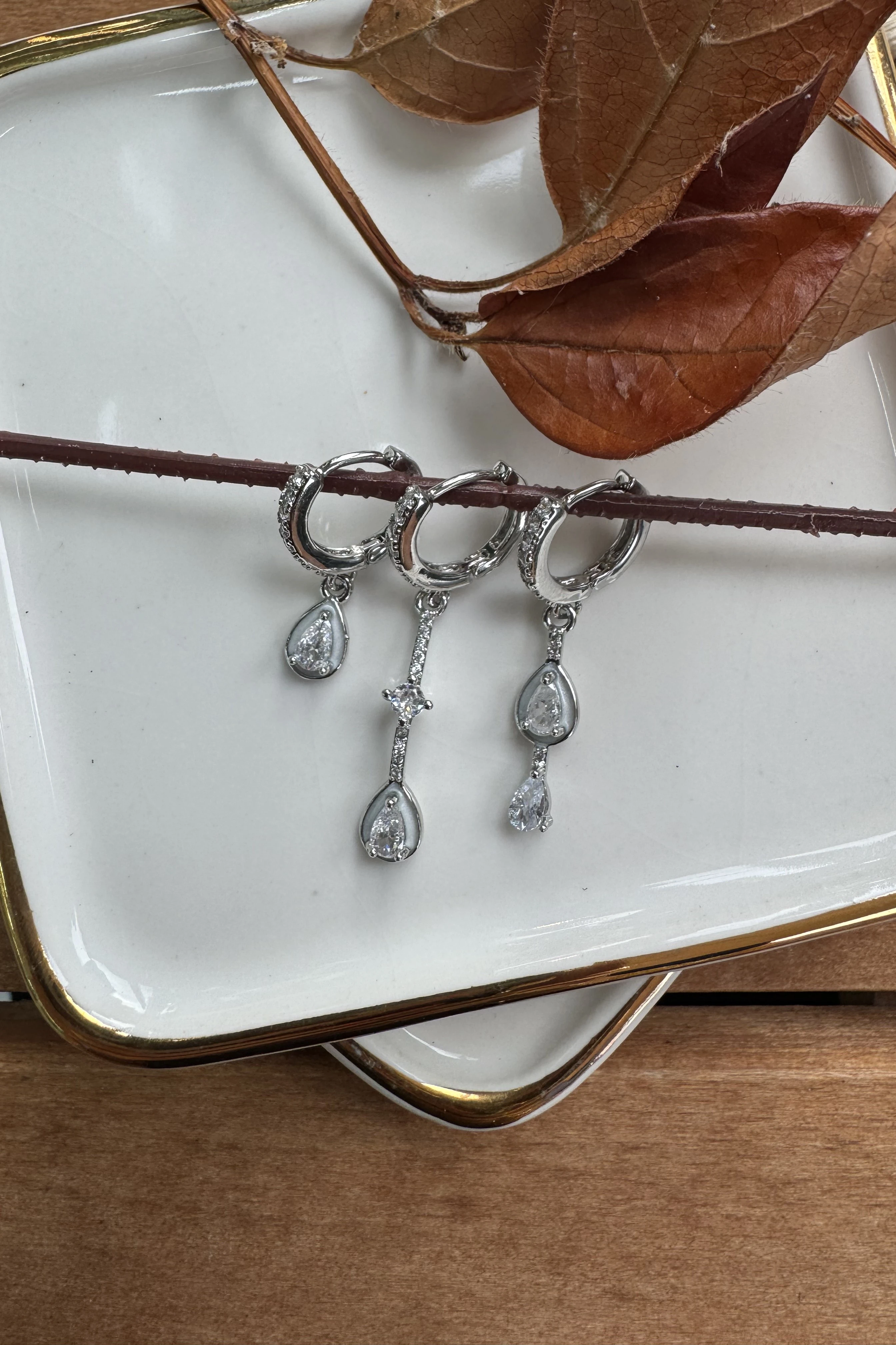 14K Altın Kaplama Damlalar 3'lü Küpe Seti Silver