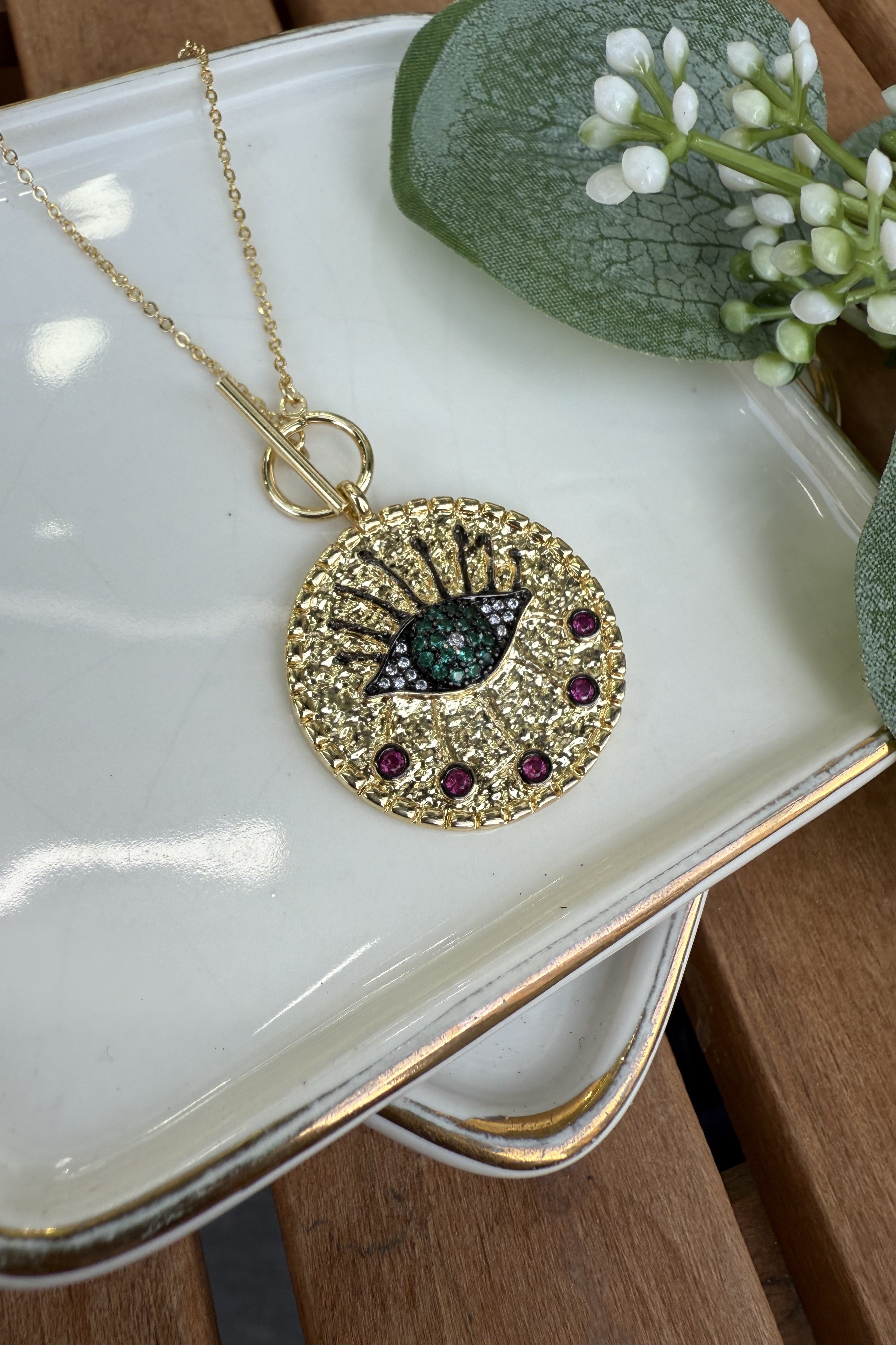 14K Altın Kaplama Dokulu Plaka Üzeri Yeşil Göz Kolye 50cm