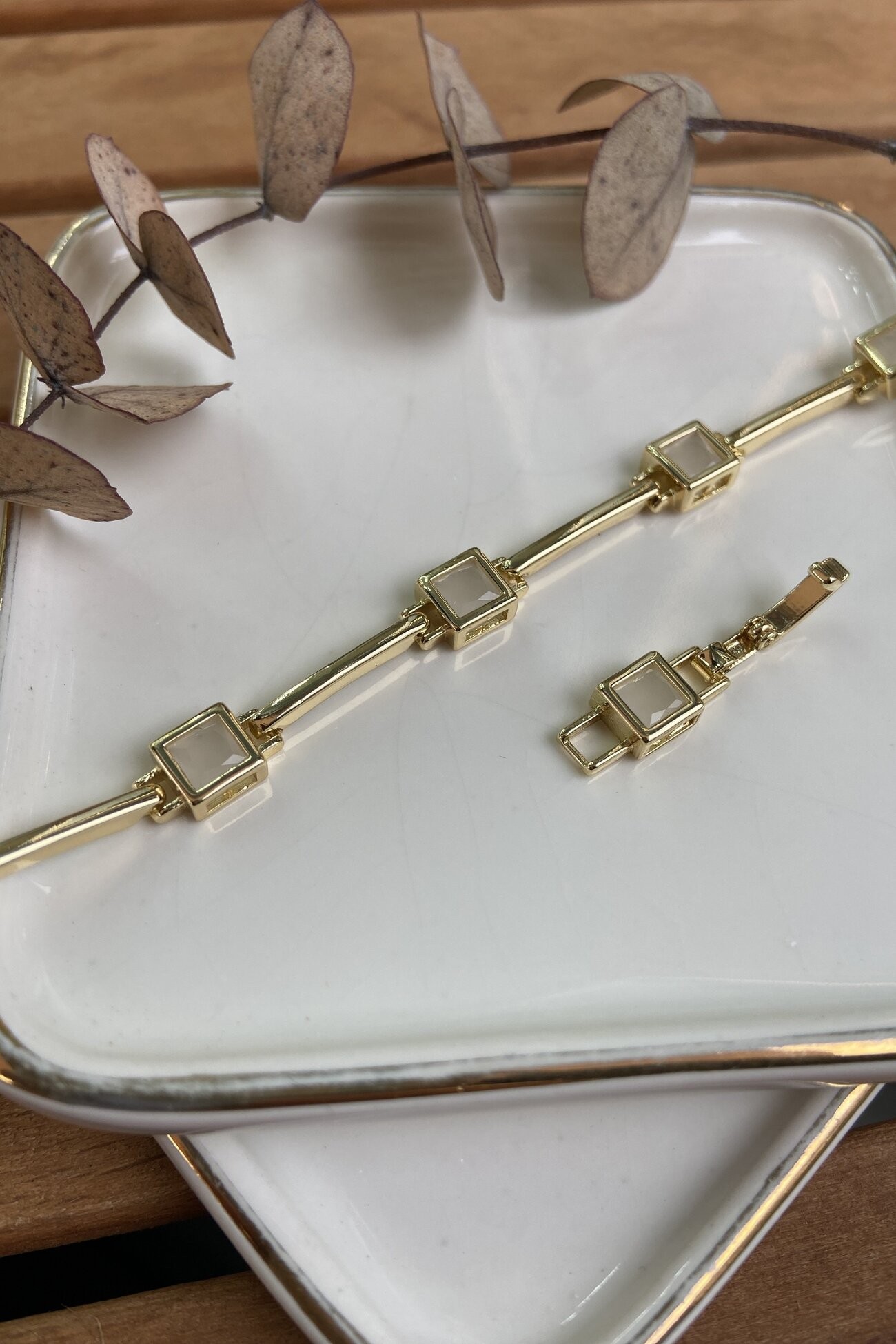14K Altın Kaplama Ay Taşı Geçişli Bileklik 17+2cm