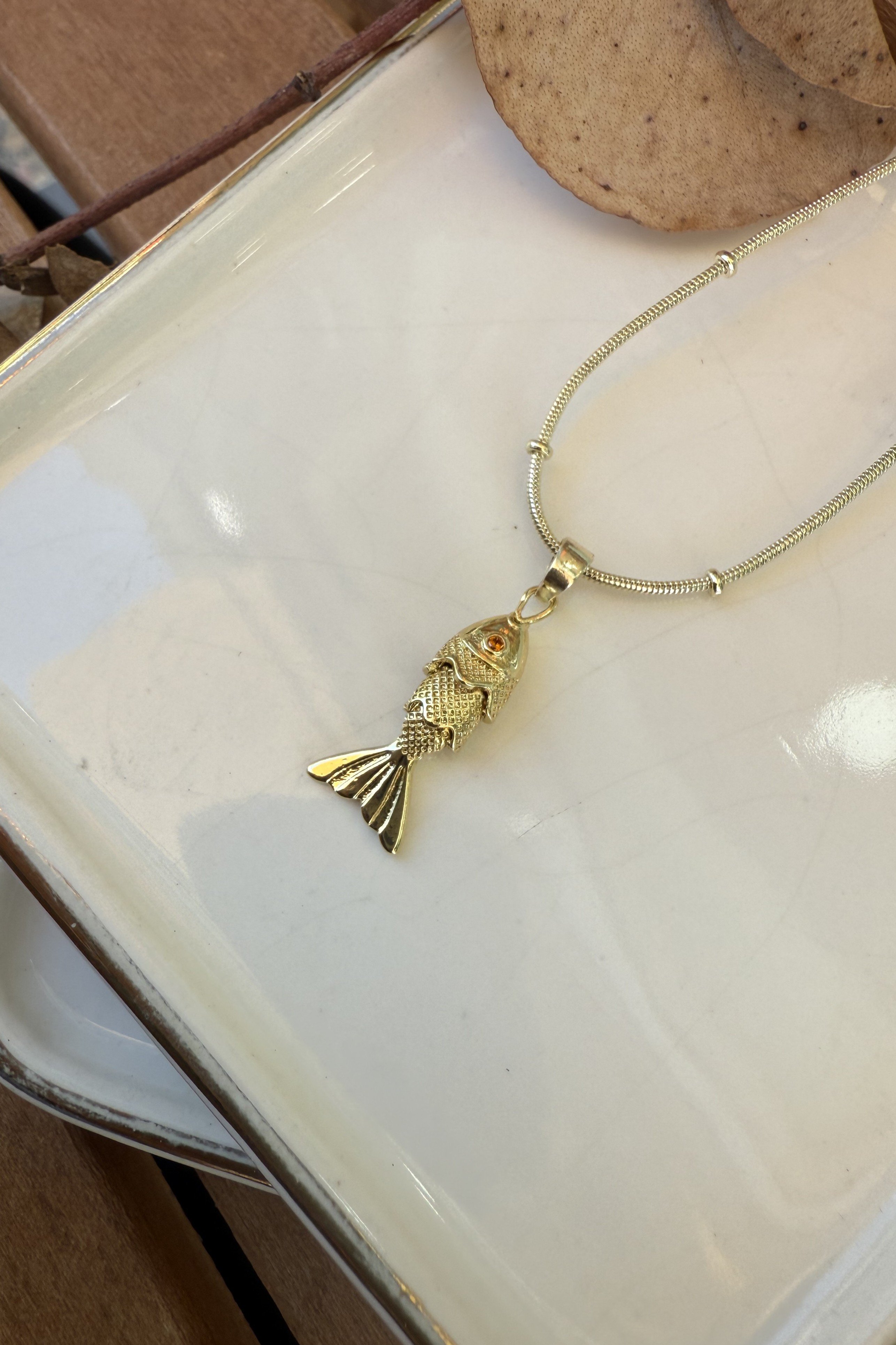 14K Altın Kaplama Eklemli Küçük Hamsi Kolye 58cm