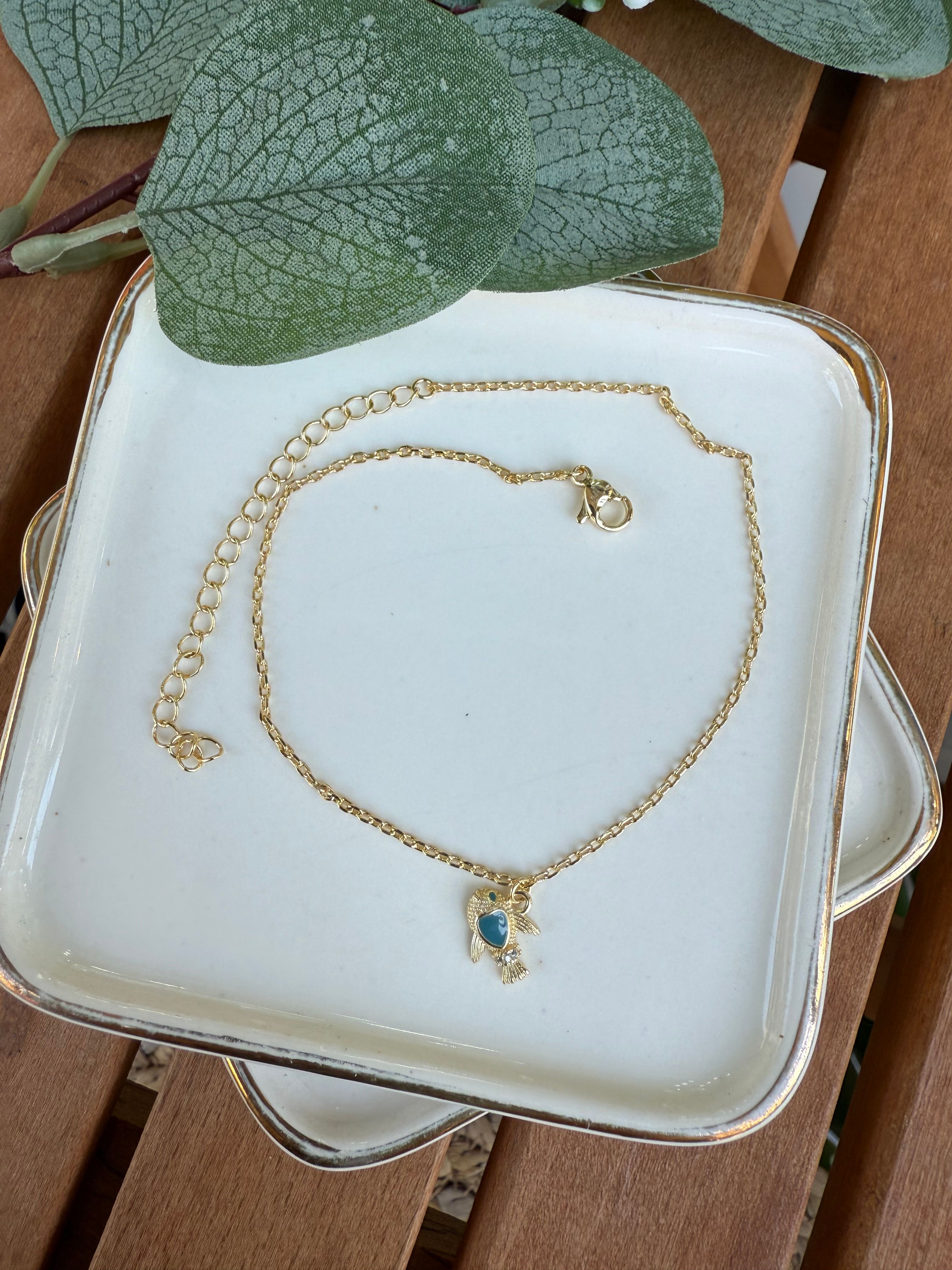 14K Altın Kaplama İçi Mavi Mineli Balık Halhal Gold 28cm