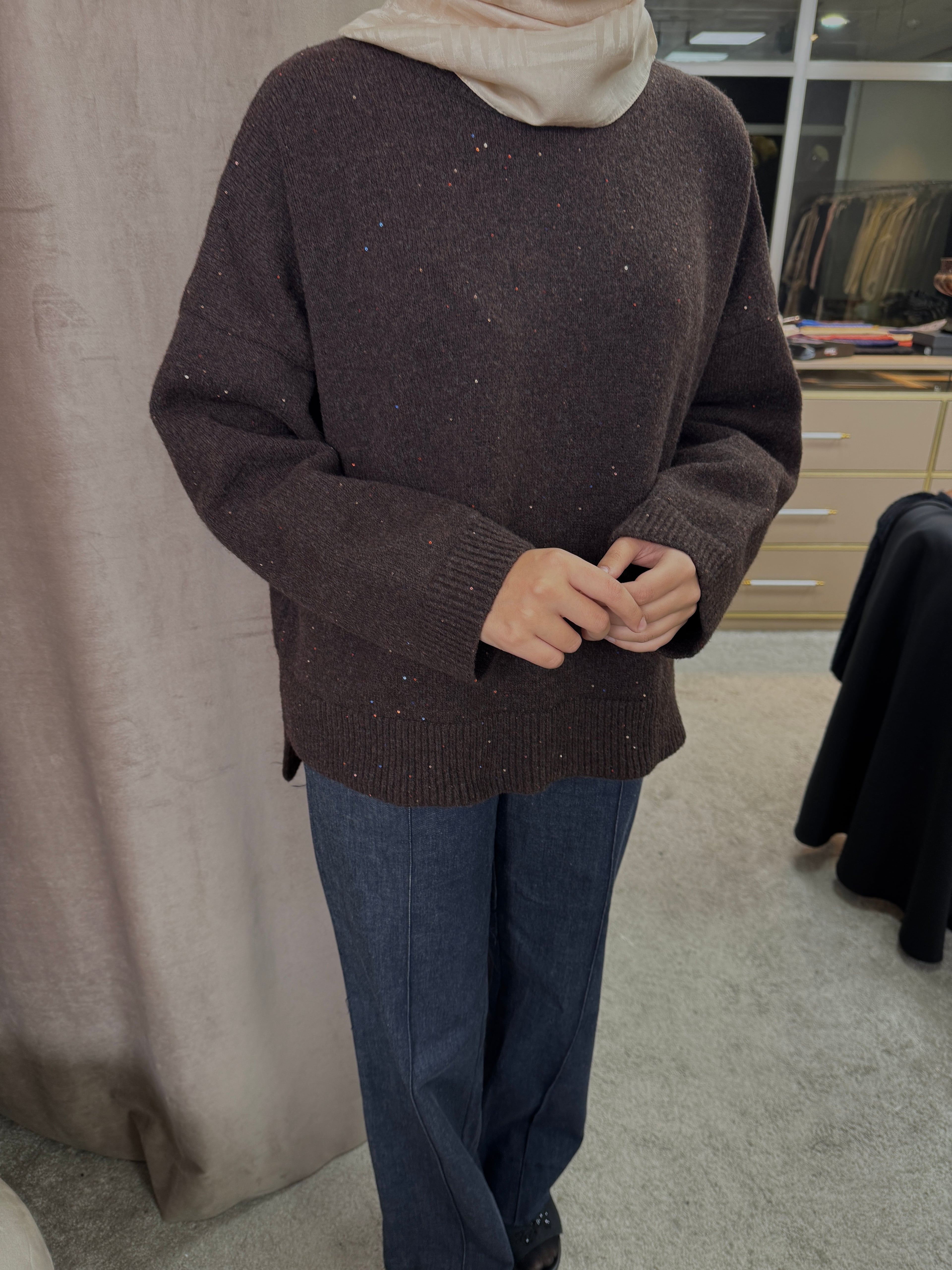 Sim Detaylı Kazak Kahverengi