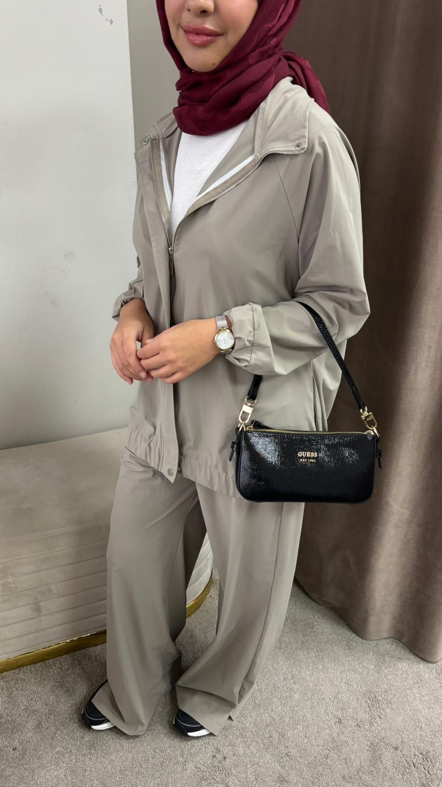 Fermuar detaylı paraşüt takım / bej