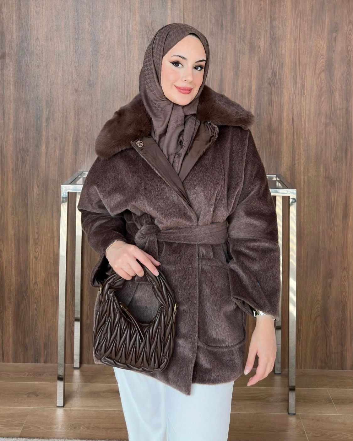 Kürklü Fox Kaban / Kahve 