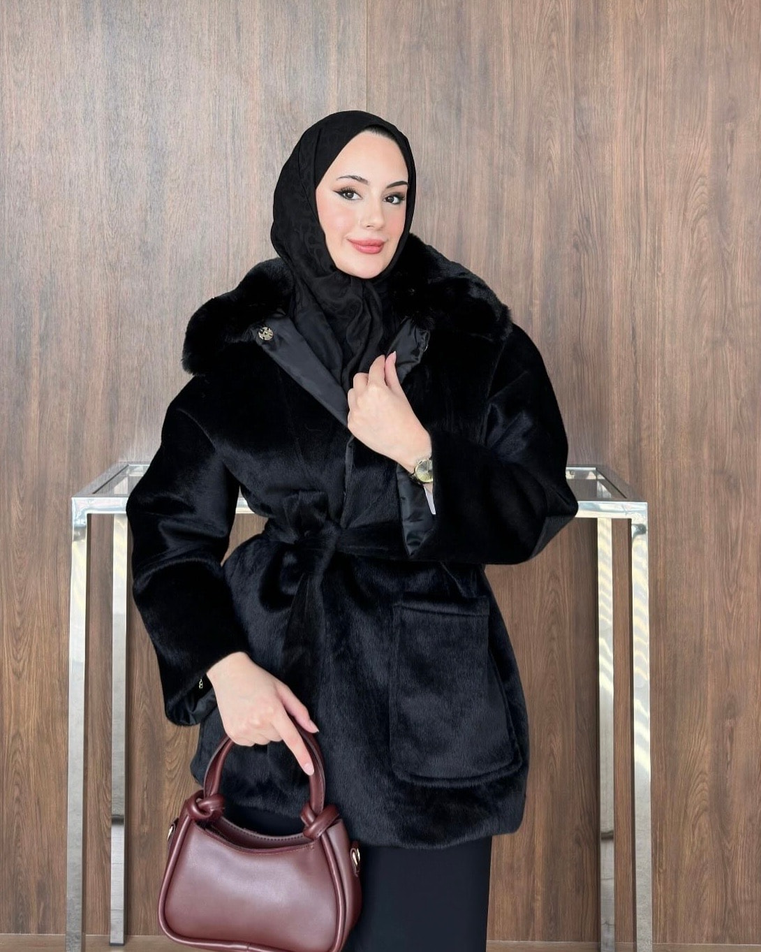 Kürklü Fox Kaban / siyah