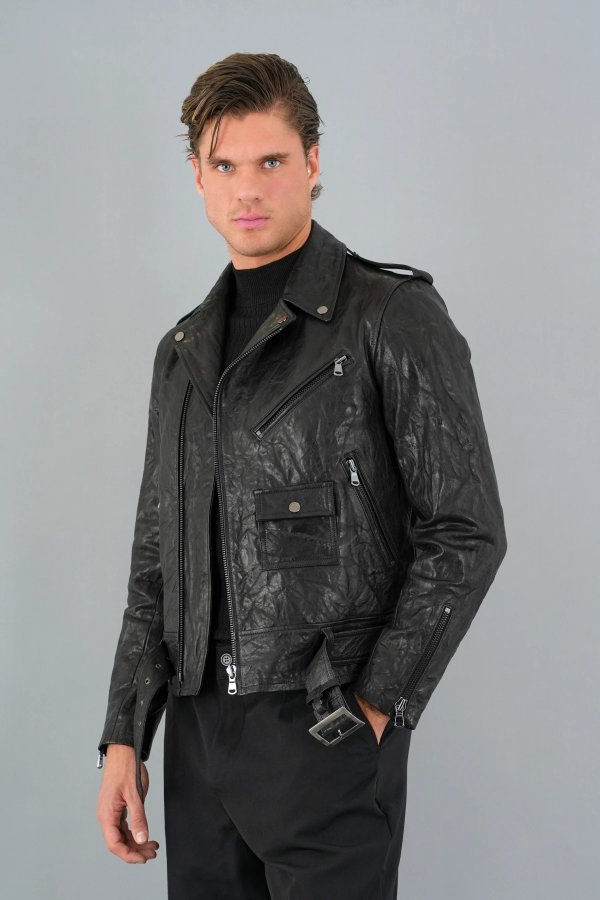 Adrien Siyah Erkek Deri Mont